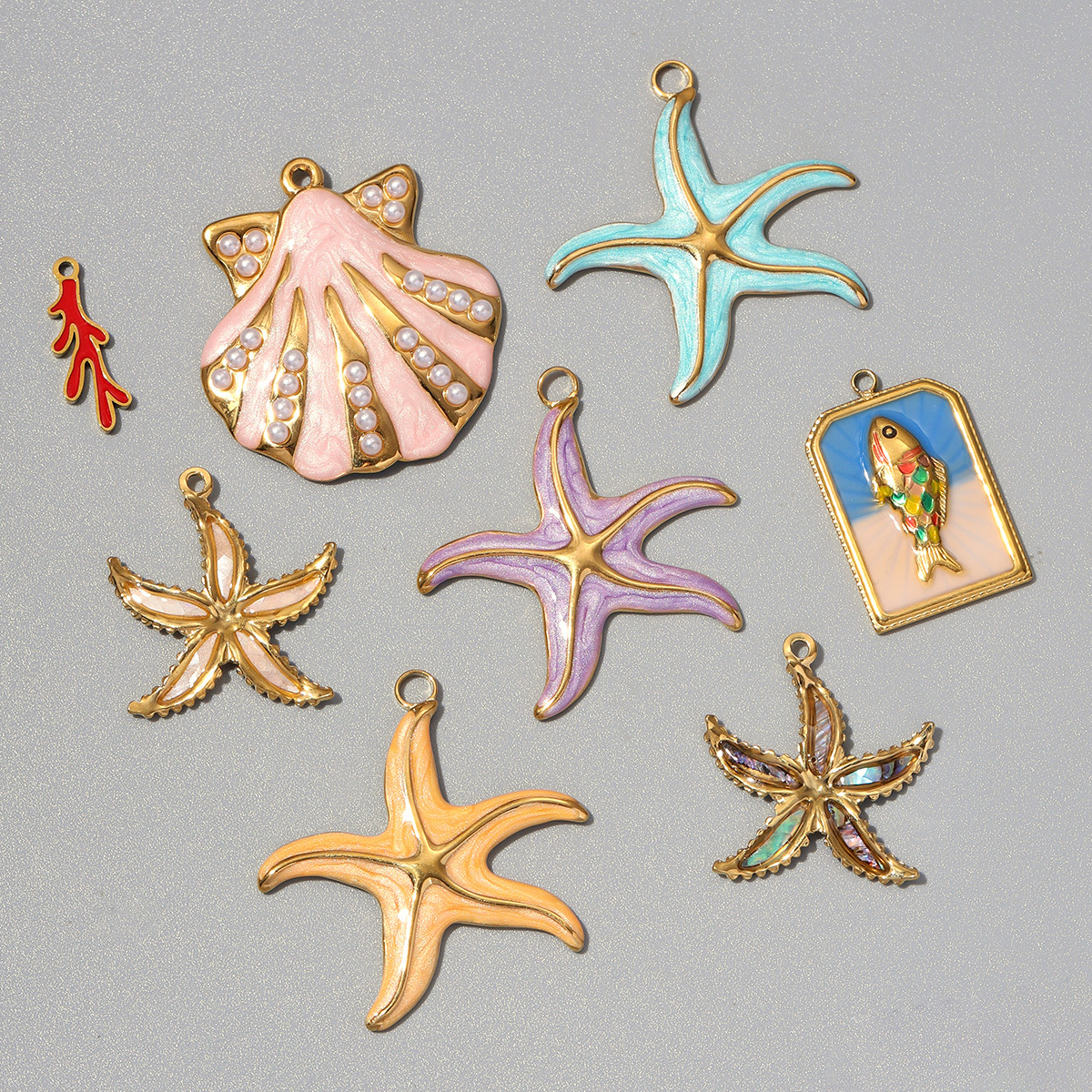 6pcs/pack Stainless Steel Enamel Starfish Coral Shell DIY Earring Charms Rectangle Fish Pendants Woman Necklace Making Jewelry