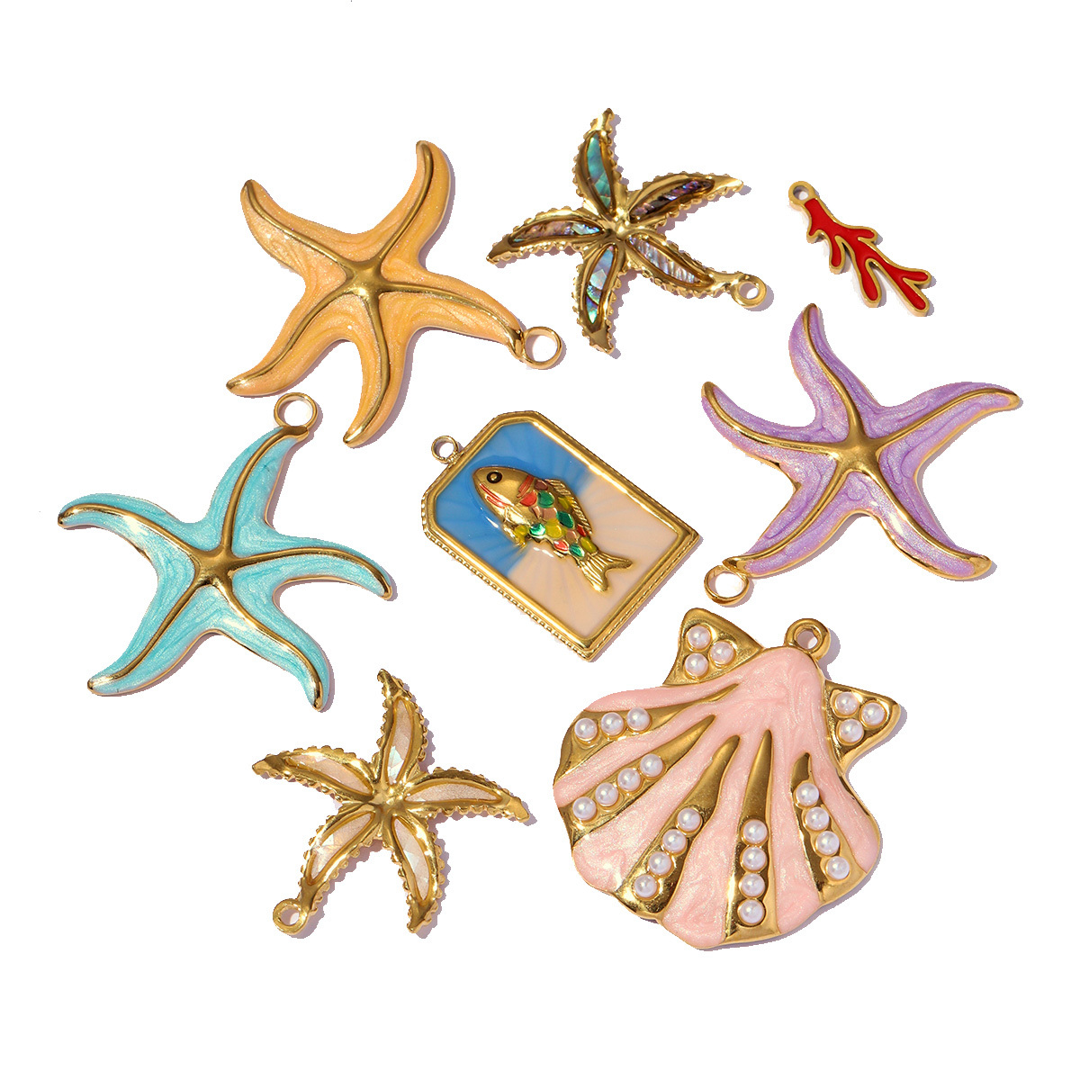 6pcs/pack Stainless Steel Enamel Abalone Shell Sea Turtle DIY Charm Women Spiral Seashell Necklace Pendant Ocean Theme Jewelry