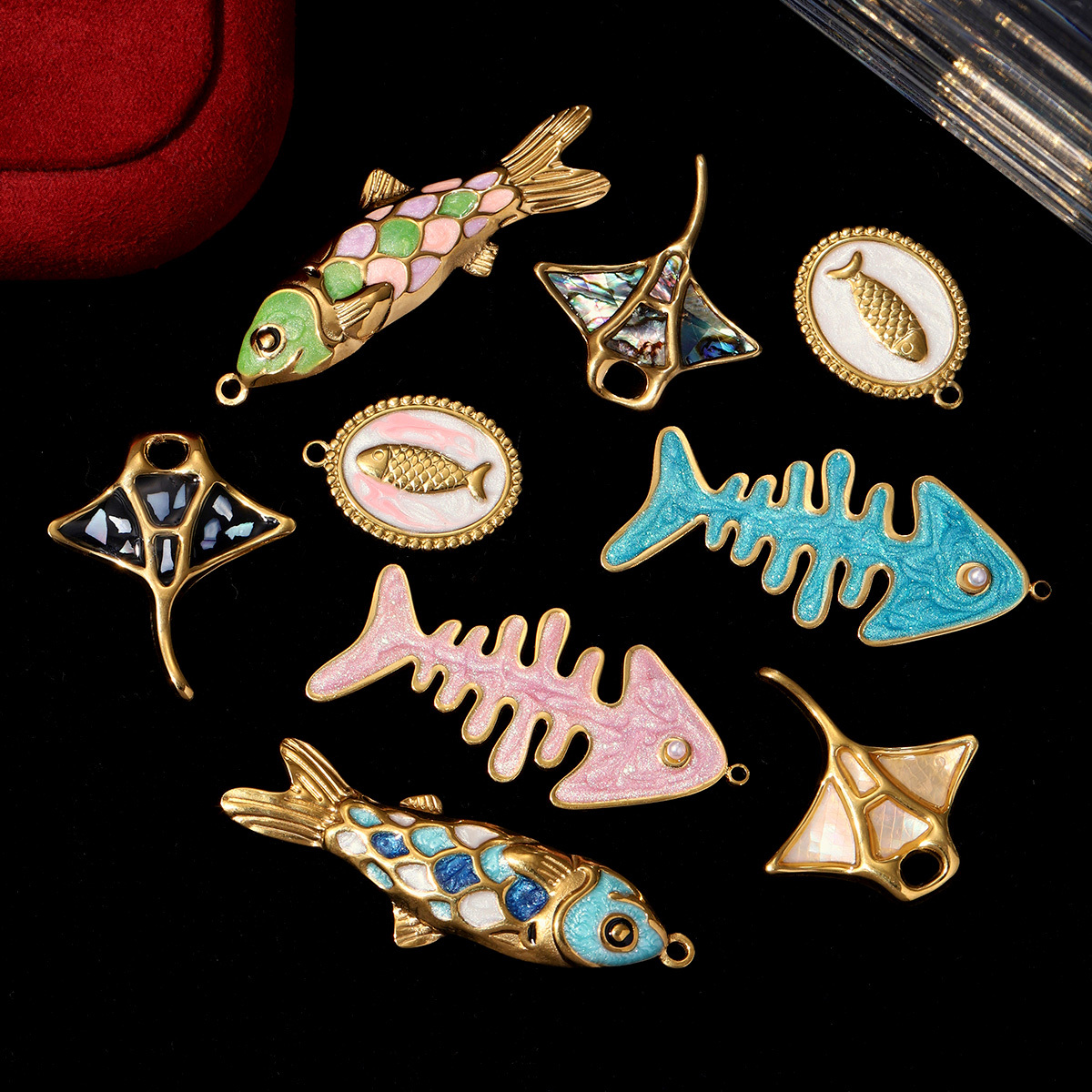 6pcs/pack Ocean Theme Koi Fish Bone Stainless Steel DIY Charm Woman Enamel Starfish Manta Necklace Pendant Handmade Jewelry
