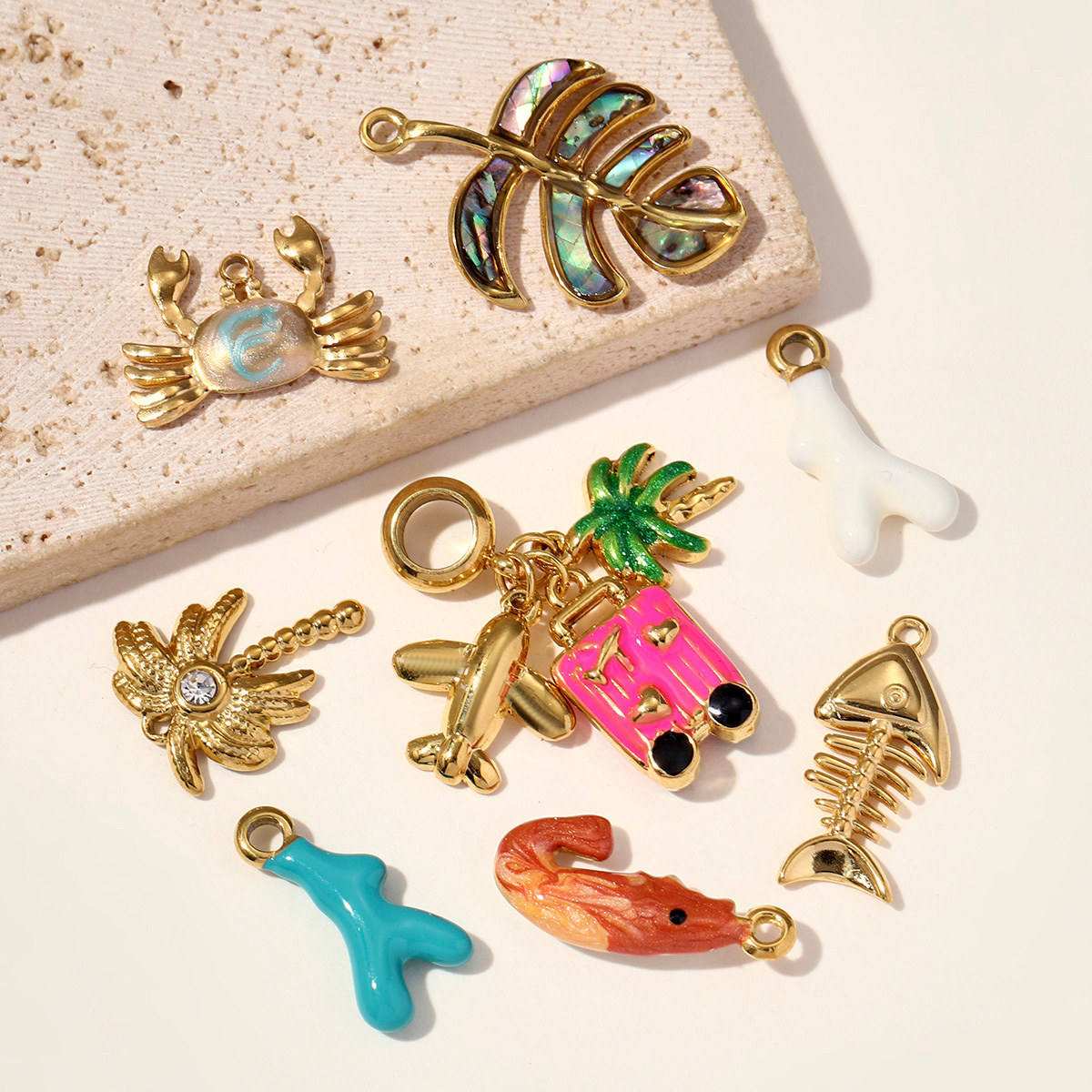 6pcs/pack Stainless Steel Enamel Coral Shrimp DIY Earring Charms Ocean Style Fish Bone Necklace Pendants Woman Beach Jewelry