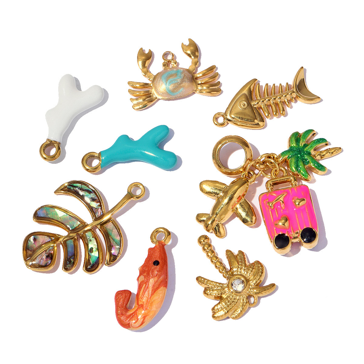 6pcs/pack Stainless Steel Enamel Coral Shrimp DIY Earring Charms Ocean Style Fish Bone Necklace Pendants Woman Beach Jewelry