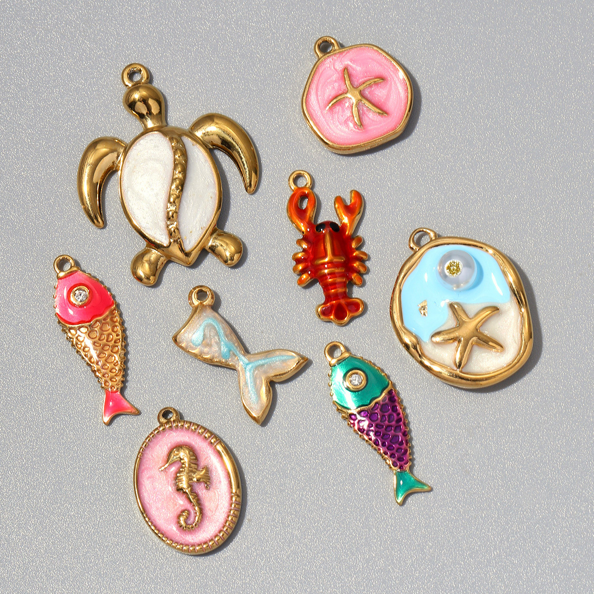 6pcs/pack Ocean Series Mermaid Tail Stainless Steel DIY Charm Woman Enamel Fish Shrimp Turtle Pendant Necklace Making Jewelry