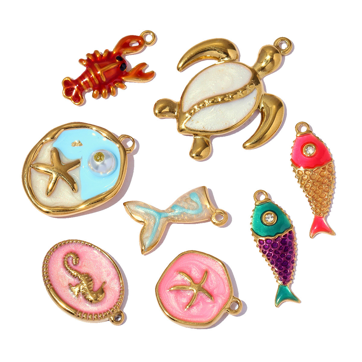 6pcs/pack Stainless Steel Enamel Coral Shrimp DIY Earring Charms Ocean Style Fish Bone Necklace Pendants Woman Beach Jewelry
