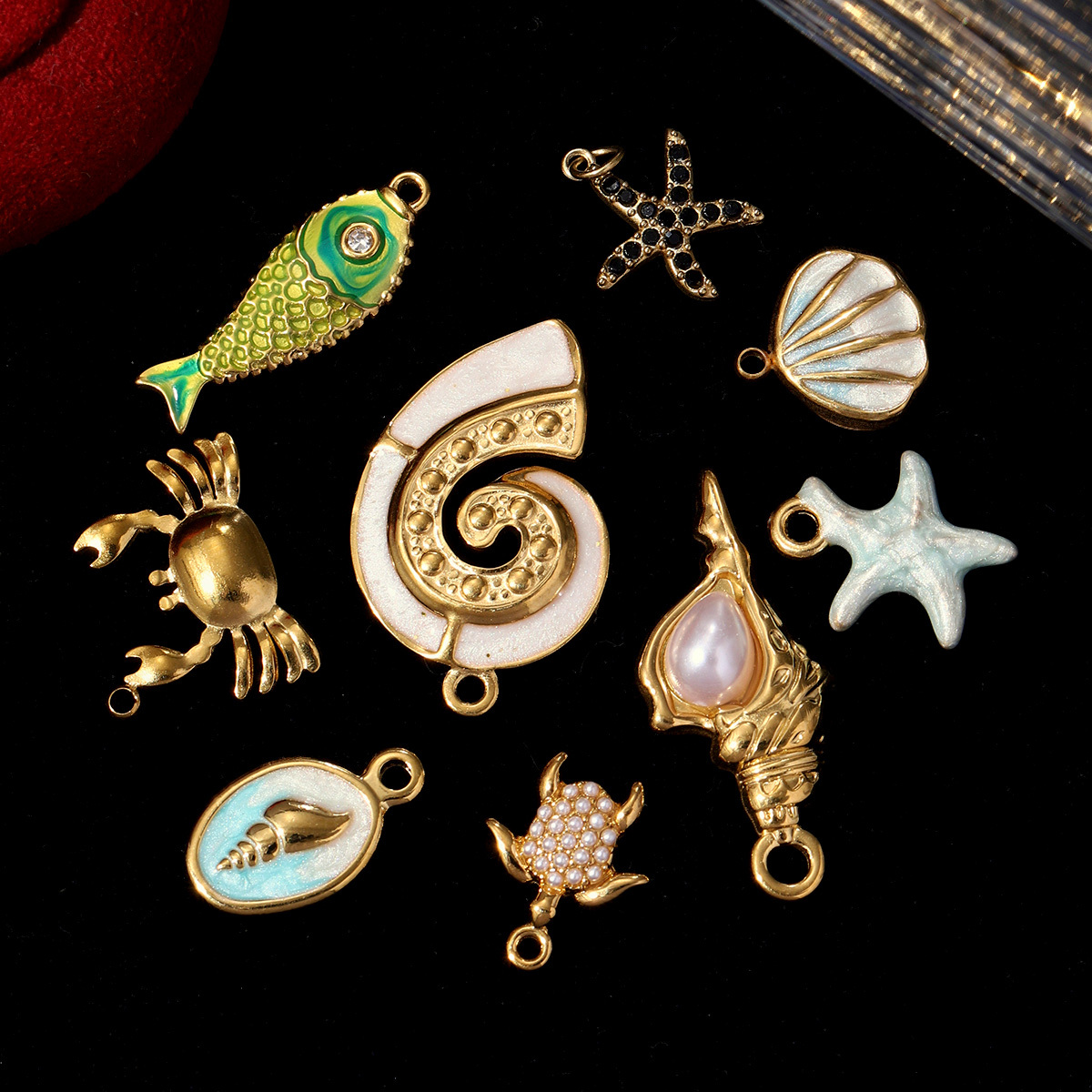 6pcs/pack Pearl Turtle Crab Stainless Steel DIY Charm Shrimp Fish Starfish Lobster Necklace Pendant Women Ocean Theme Jewelry