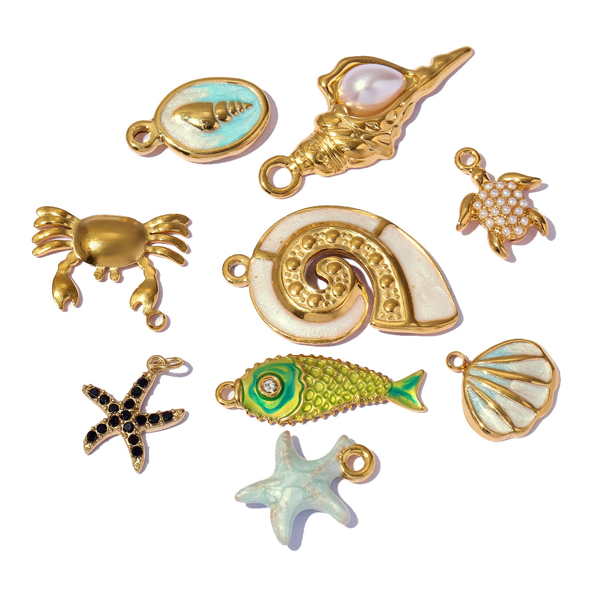 6pcs/pack Stainless Steel Enamel Coral Shrimp DIY Earring Charms Ocean Style Fish Bone Necklace Pendants Woman Beach Jewelry