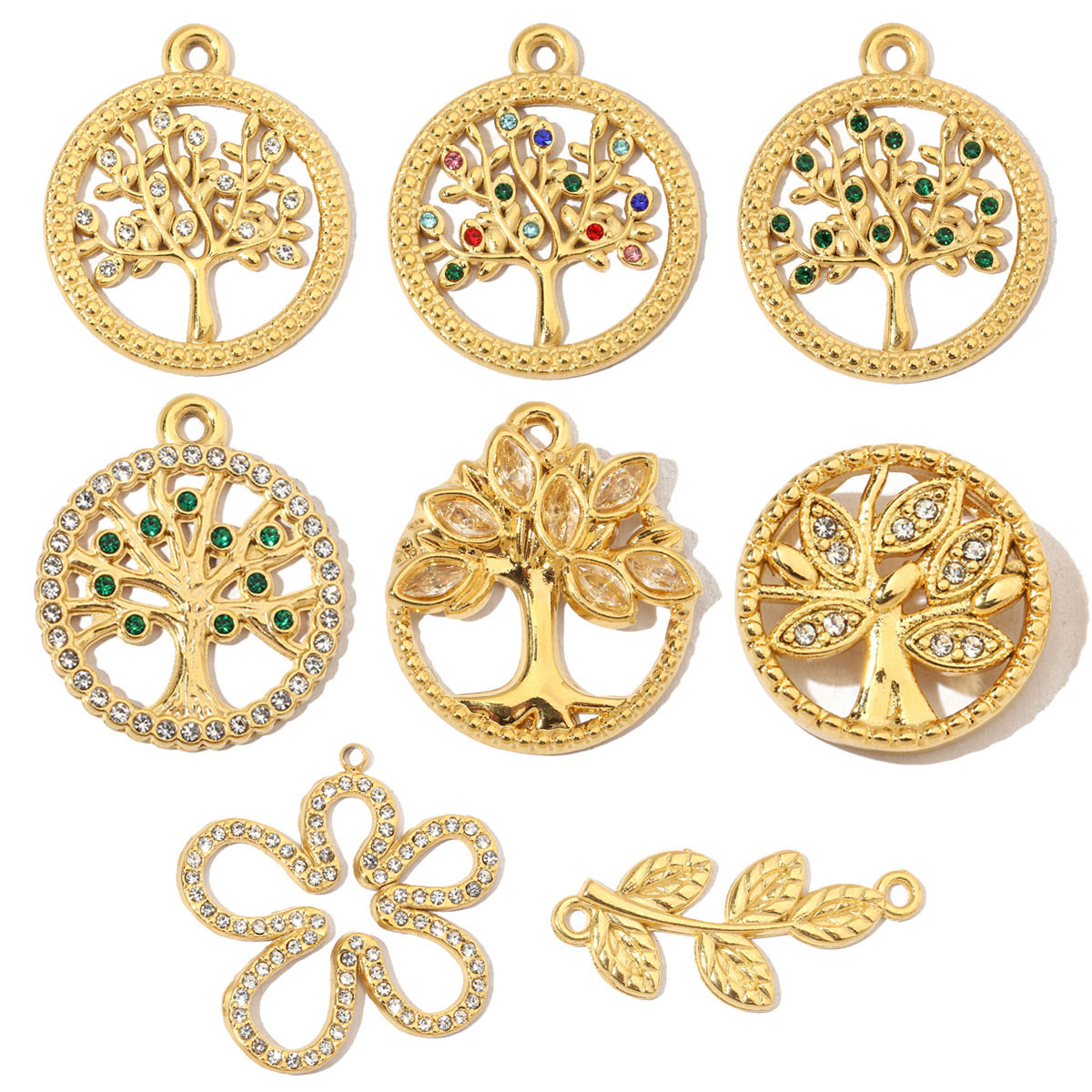 6pcs/pack French Leaf Stainless Steel Necklace Pendant Women Colorful Stone Tree of Life DIY Charms Flower Jewelry