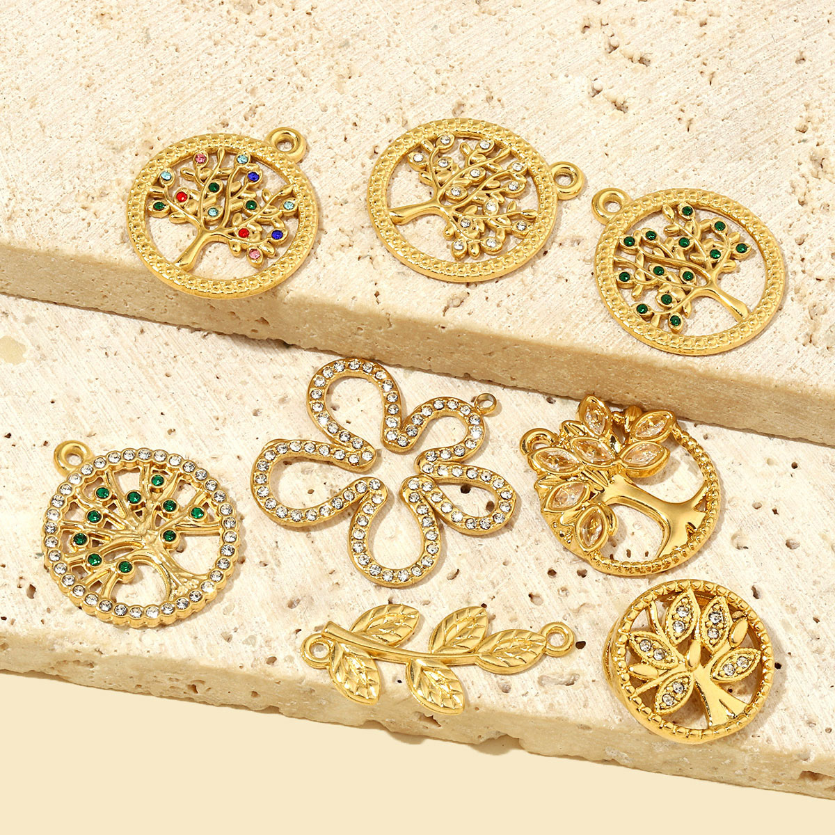6pcs/pack French Leaf Stainless Steel Necklace Pendant Women Colorful Stone Tree of Life DIY Charms Flower Jewelry