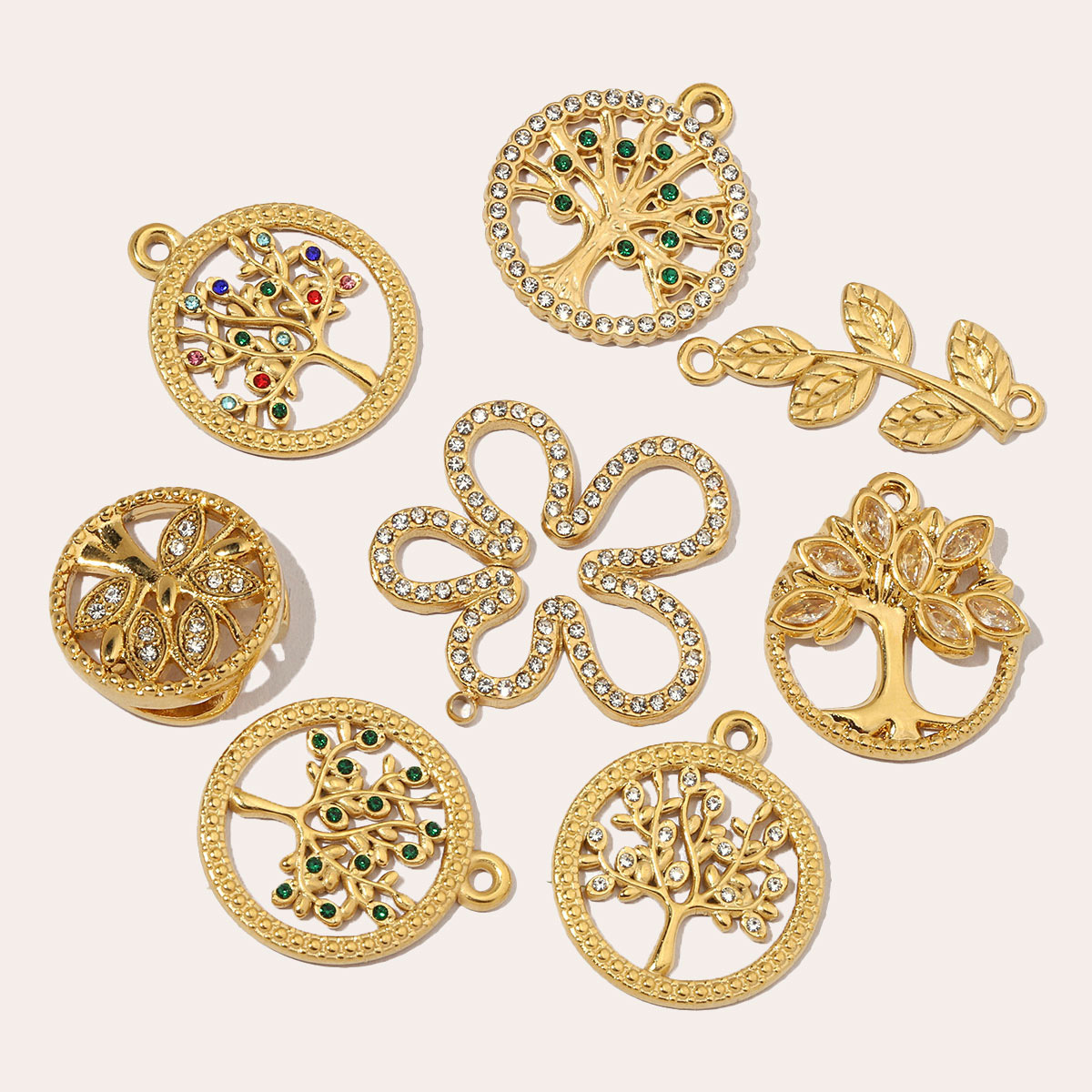 6pcs/pack French Leaf Stainless Steel Necklace Pendant Women Colorful Stone Tree of Life DIY Charms Flower Jewelry