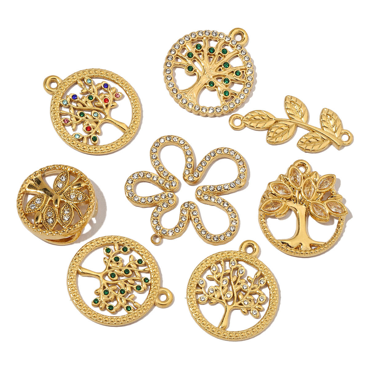 6pcs/pack French Leaf Stainless Steel Necklace Pendant Women Colorful Stone Tree of Life DIY Charms Flower Jewelry