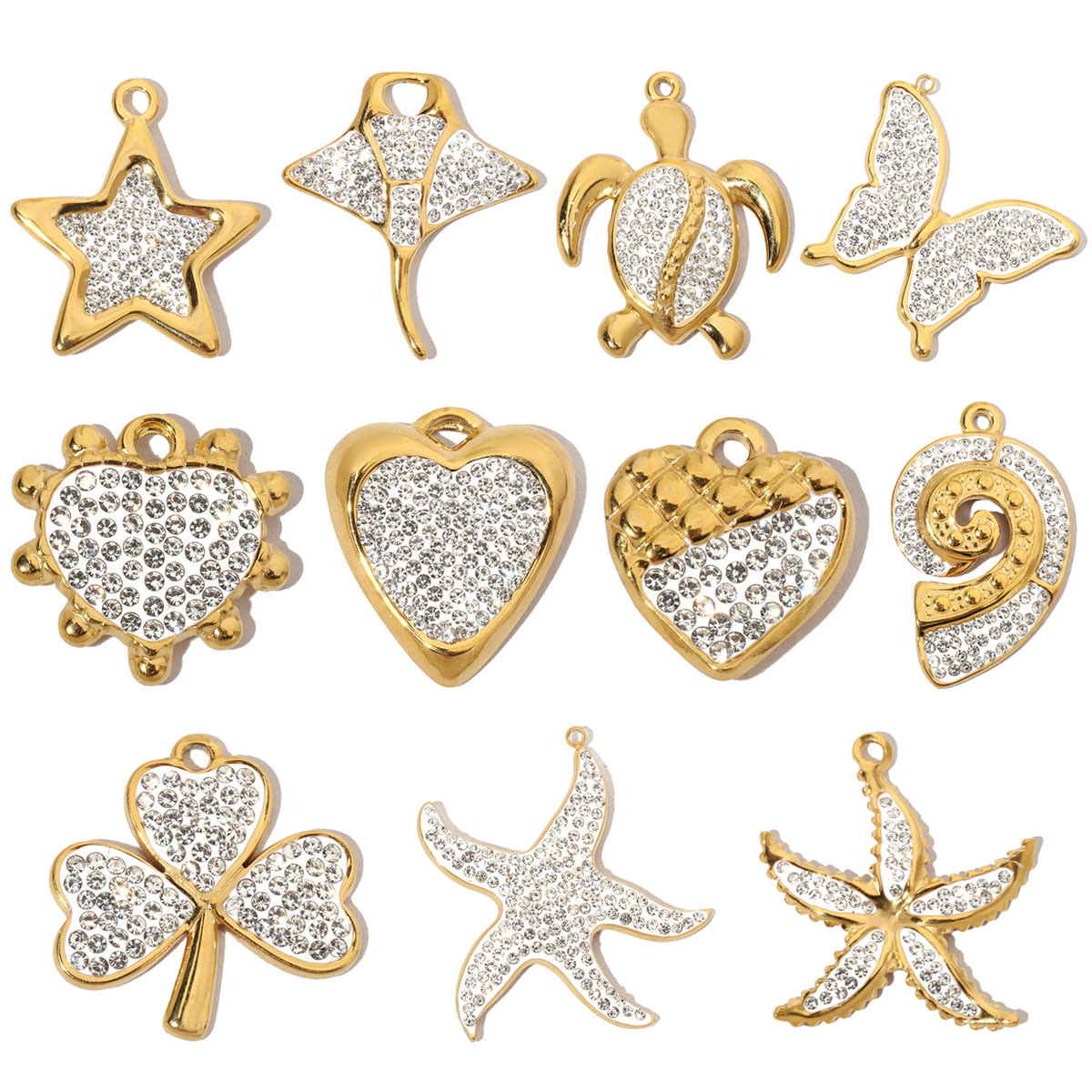6pcs/pack French Crystal Star Heart Stainless Steel Diy Charms Women Starfish Butterfly Necklace Pendant Turtle Jewelry