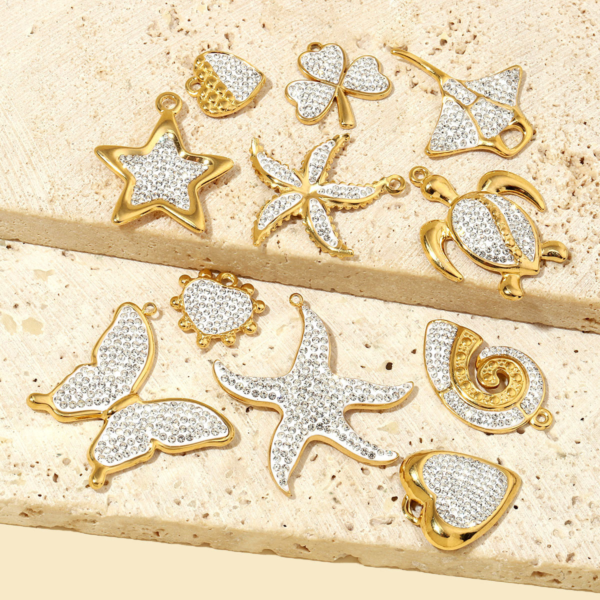 6pcs/pack French Crystal Star Heart Stainless Steel Diy Charms Women Starfish Butterfly Necklace Pendant Turtle Jewelry