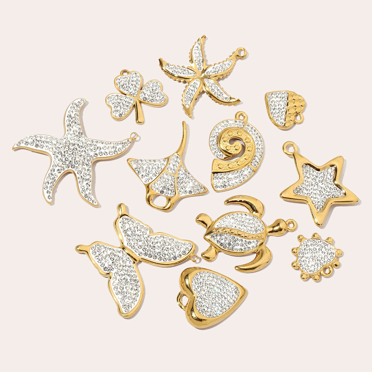 6pcs/pack French Crystal Star Heart Stainless Steel Diy Charms Women Starfish Butterfly Necklace Pendant Turtle Jewelry
