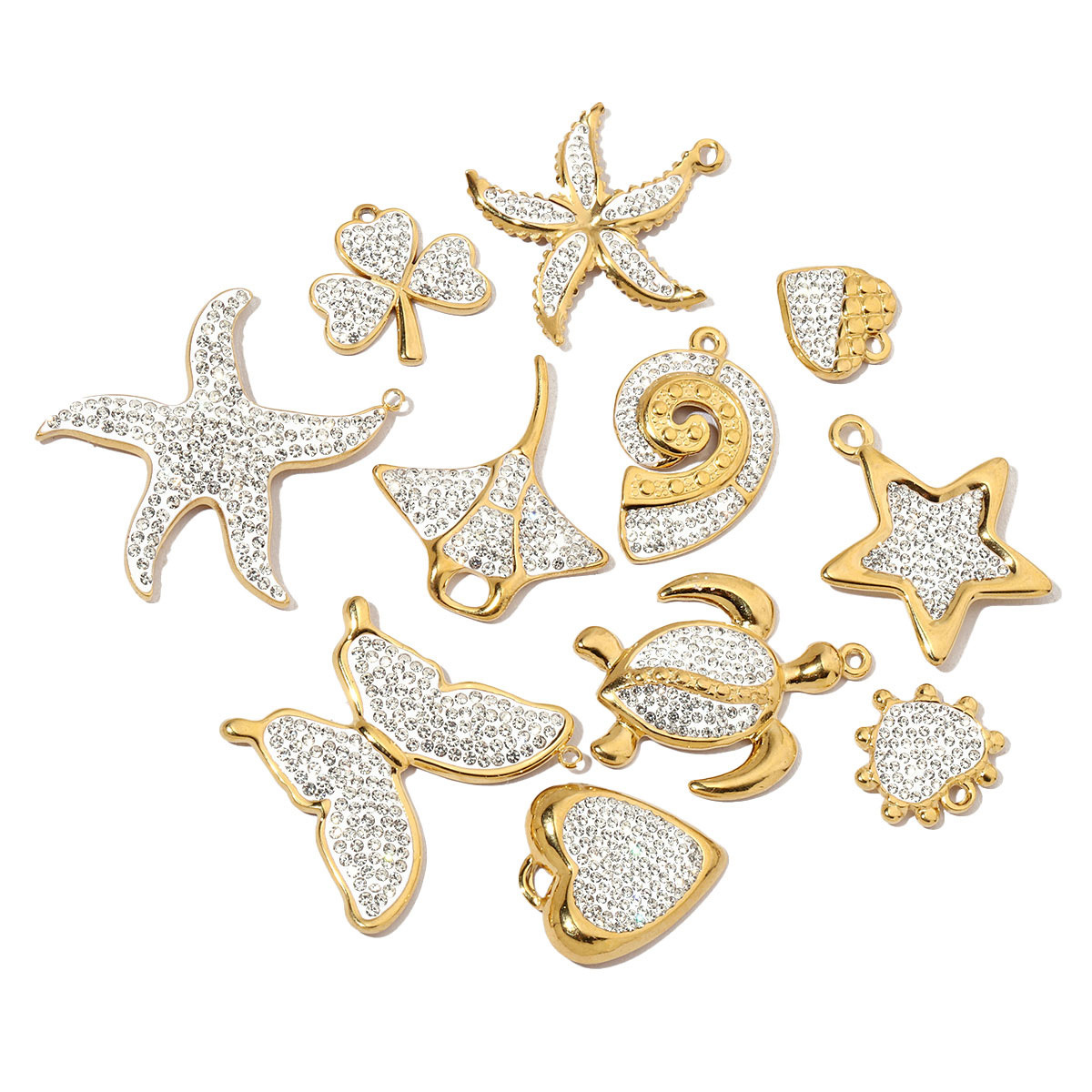 6pcs/pack French Crystal Star Heart Stainless Steel Diy Charms Women Starfish Butterfly Necklace Pendant Turtle Jewelry