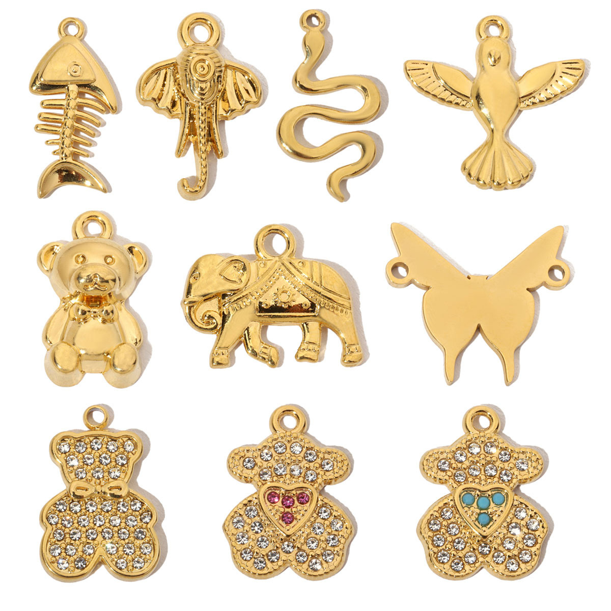 6pcs/pack French Crystal Bear Stainless Steel Bracelet Charm Women Fishbone Elephant Necklace Pendant DIY Snake Butterfly Jewelry