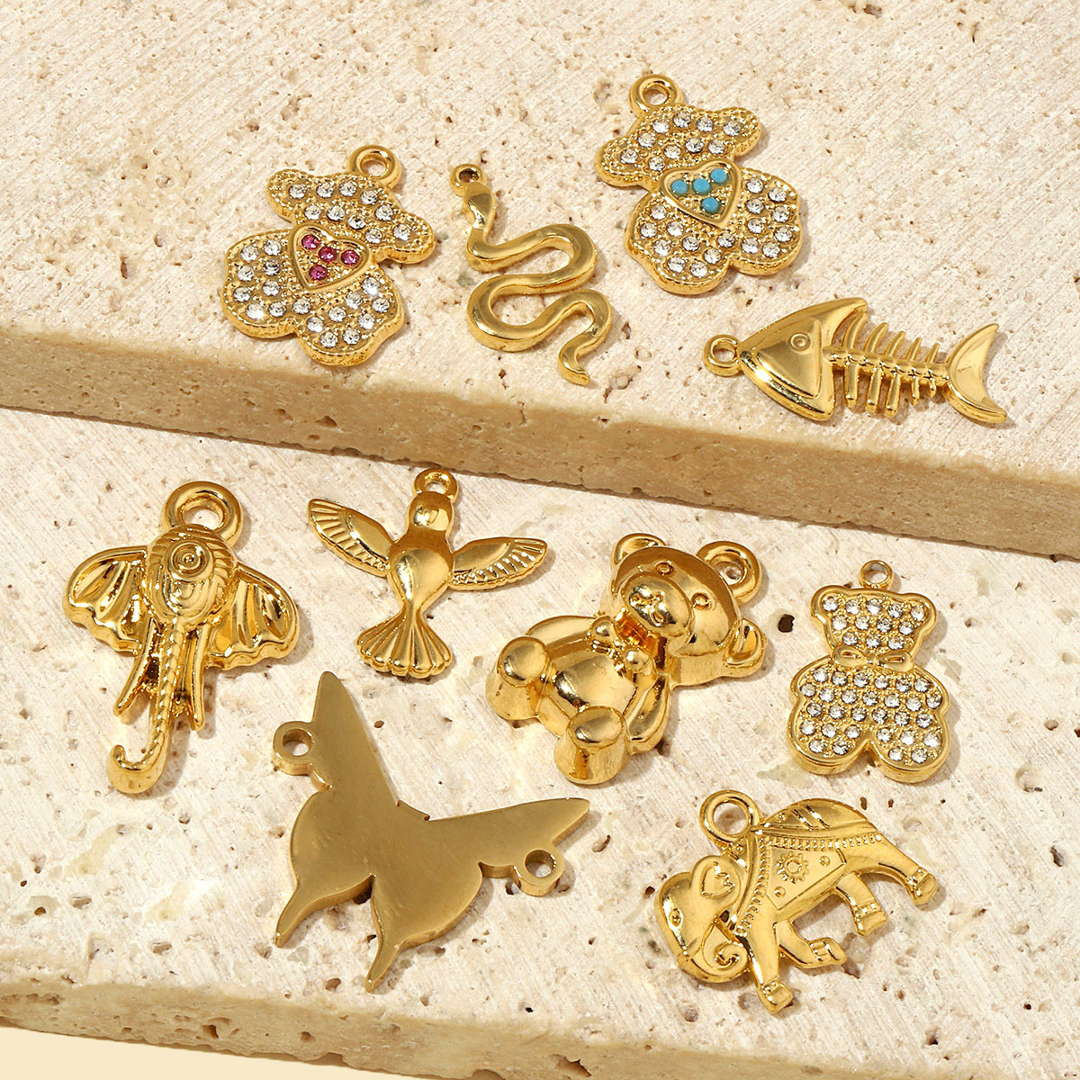 6pcs/pack French Crystal Bear Stainless Steel Bracelet Charm Women Fishbone Elephant Necklace Pendant DIY Snake Butterfly Jewelry