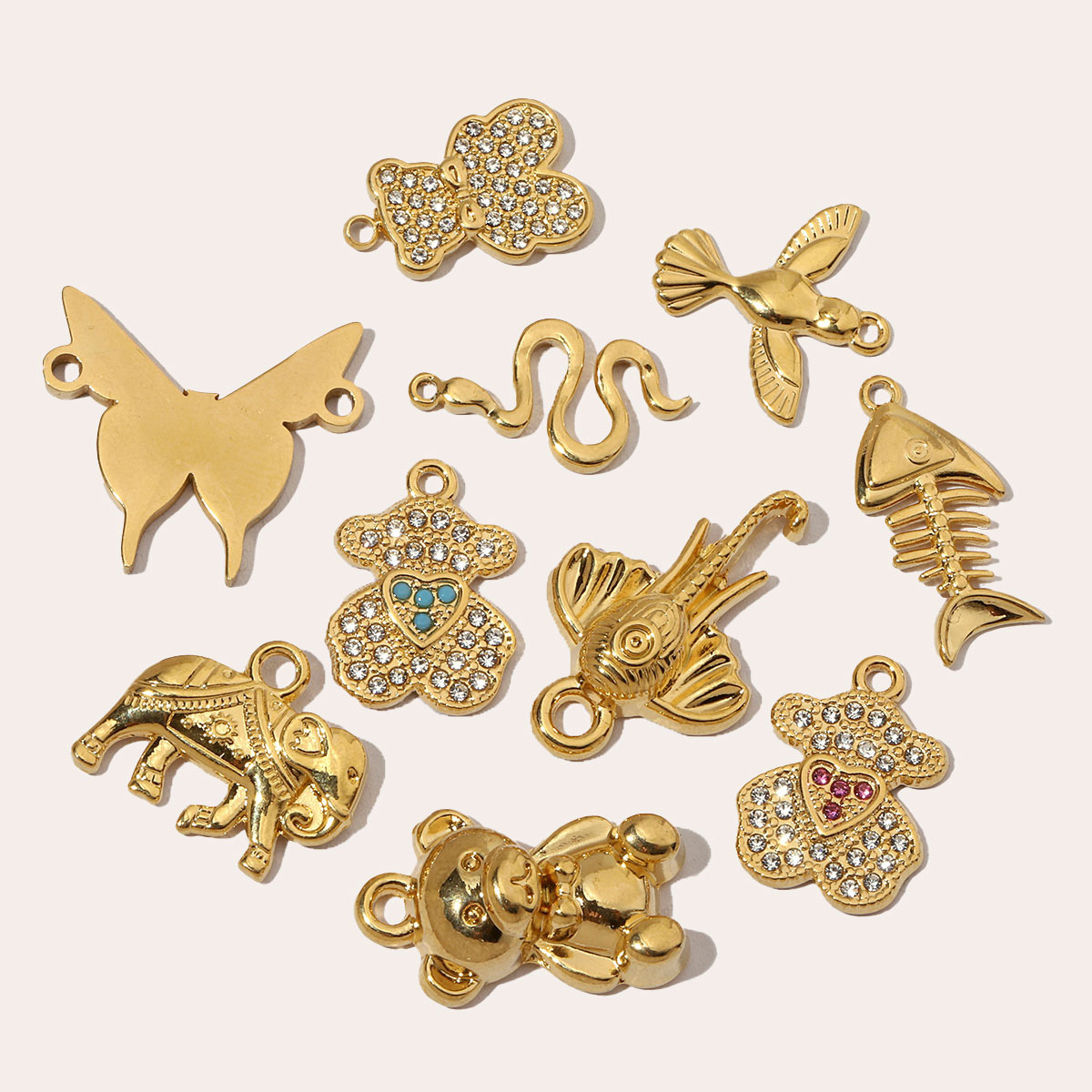6pcs/pack French Crystal Bear Stainless Steel Bracelet Charm Women Fishbone Elephant Necklace Pendant DIY Snake Butterfly Jewelry