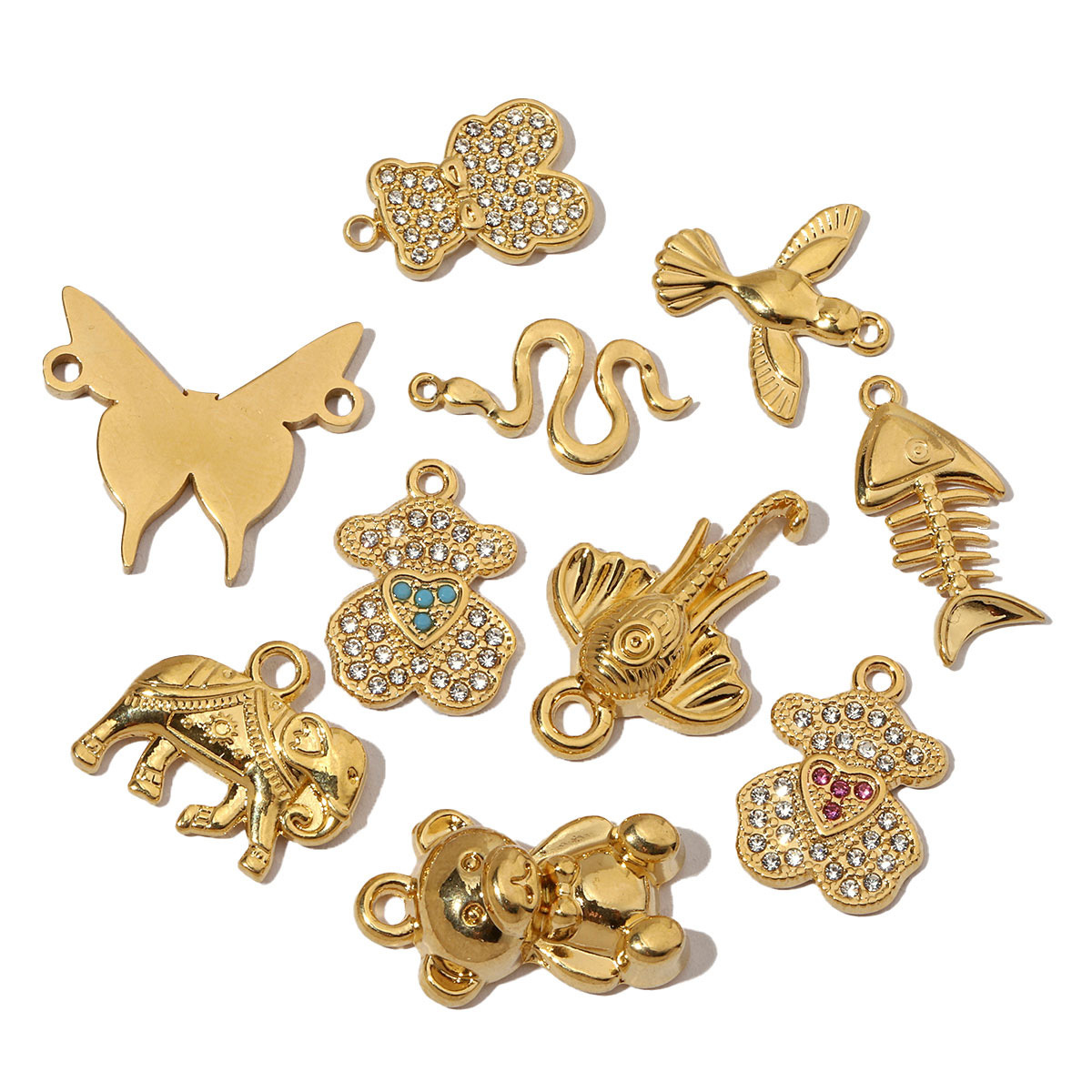 6pcs/pack French Crystal Bear Stainless Steel Bracelet Charm Women Fishbone Elephant Necklace Pendant DIY Snake Butterfly Jewelry