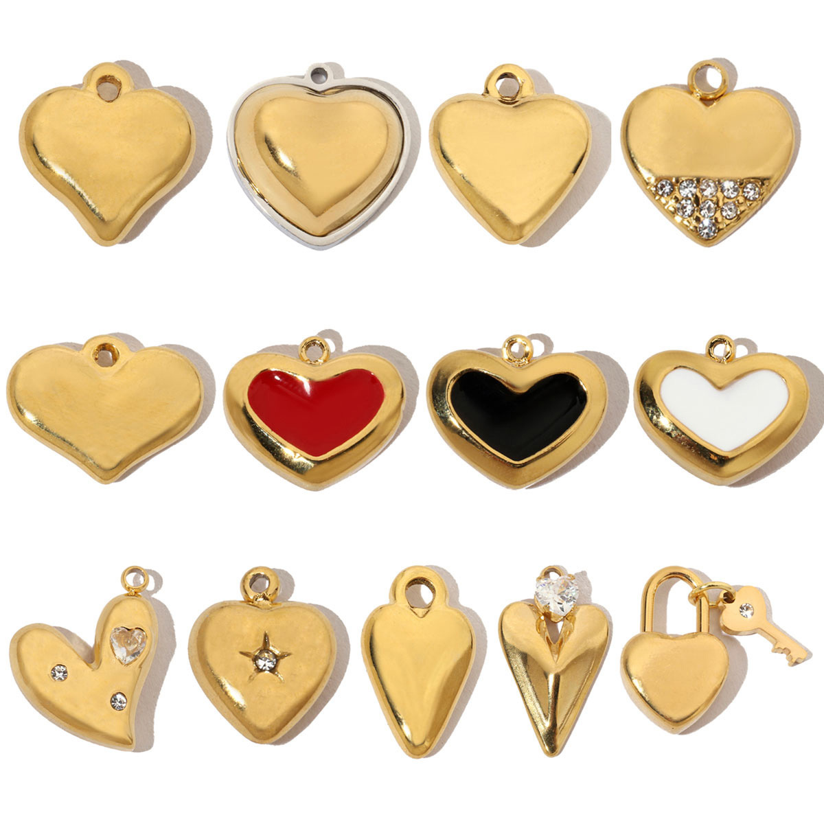 6pcs/pack French Antique Blank Heart Stainless Steel Diy Bracelet Charms Women Lock Key Necklace Pendant Enamel Love Jewelry