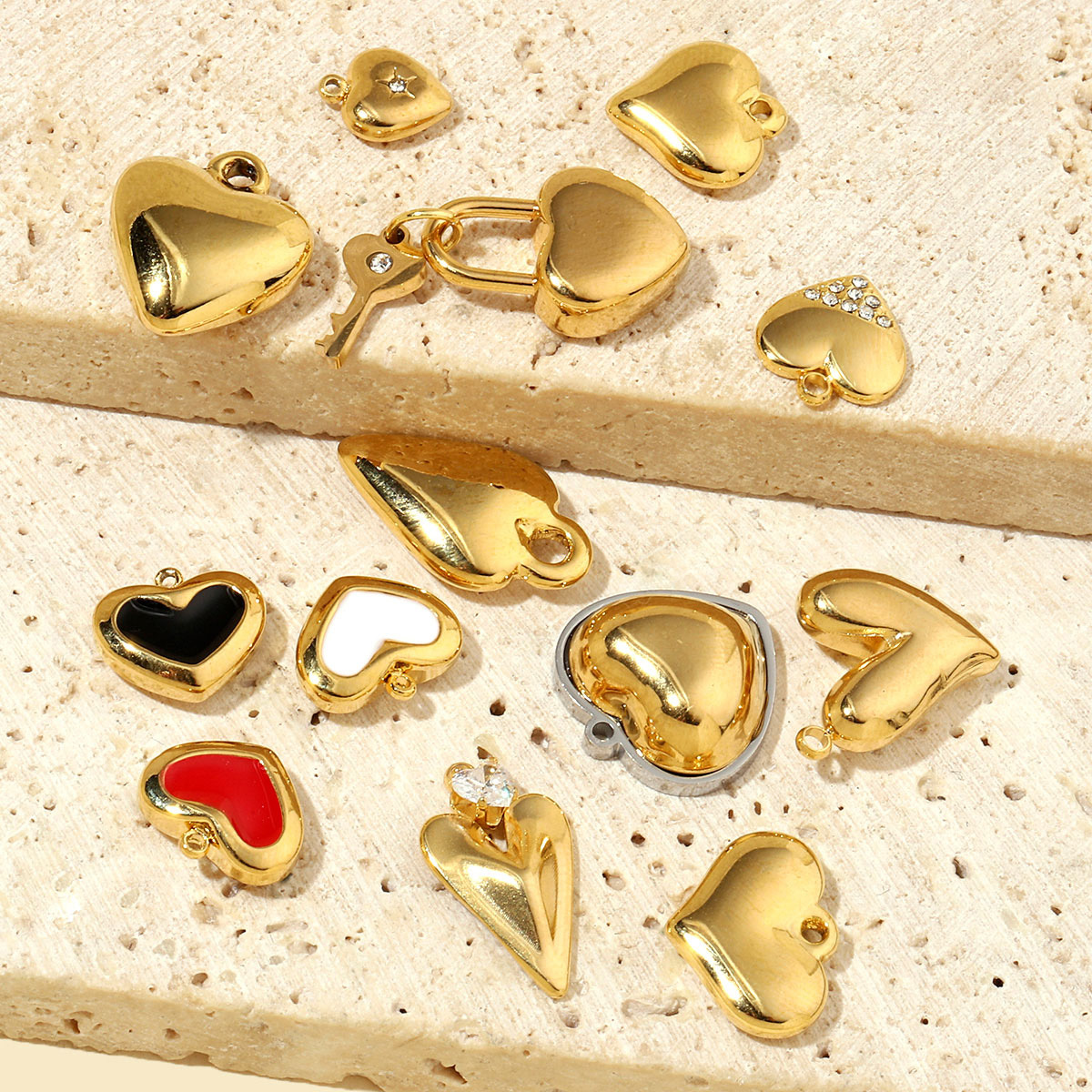 6pcs/pack French Antique Blank Heart Stainless Steel Diy Bracelet Charms Women Lock Key Necklace Pendant Enamel Love Jewelry