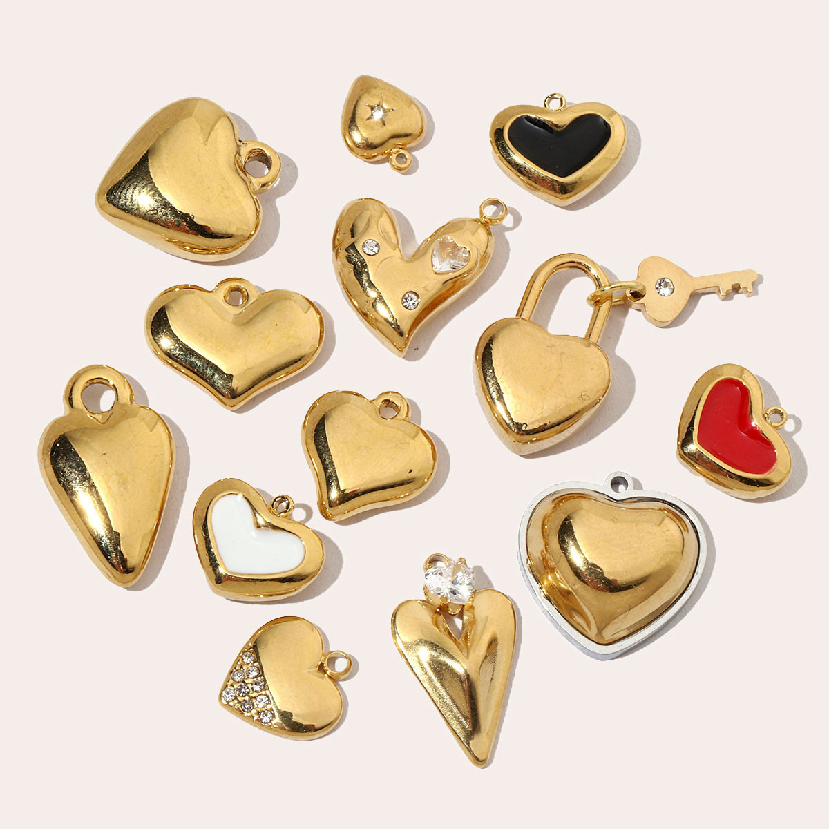 6pcs/pack French Antique Blank Heart Stainless Steel Diy Bracelet Charms Women Lock Key Necklace Pendant Enamel Love Jewelry
