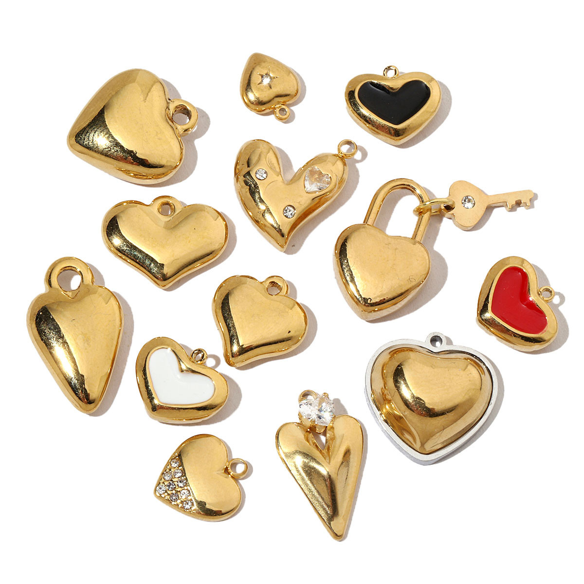 6pcs/pack French Antique Blank Heart Stainless Steel Diy Bracelet Charms Women Lock Key Necklace Pendant Enamel Love Jewelry