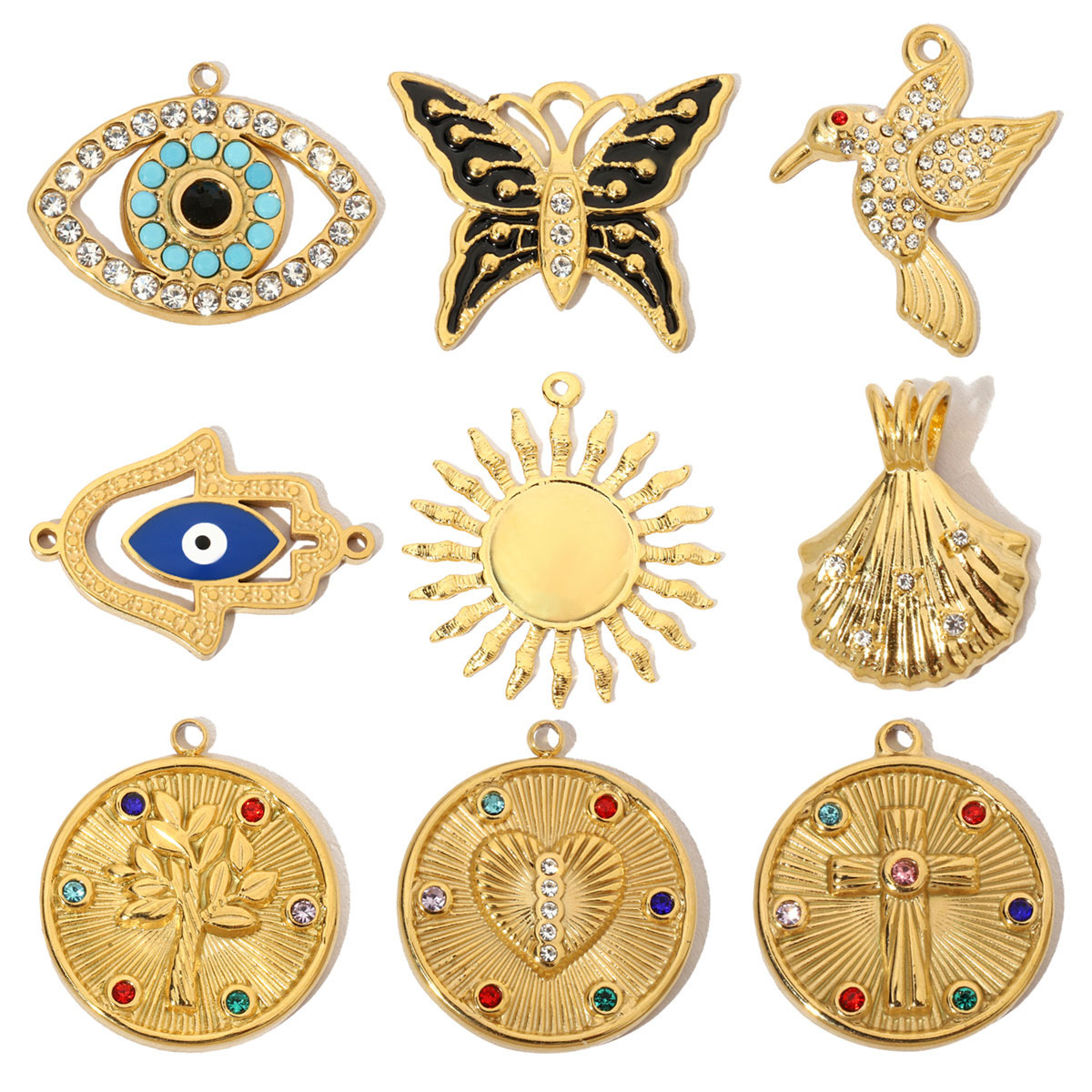 6pcs/pack French Antique Coin Cross Stainless Steel Diy Charms Women Stone Bird Butterfly Necklace Pendant Hand Bracelet Jewelry
