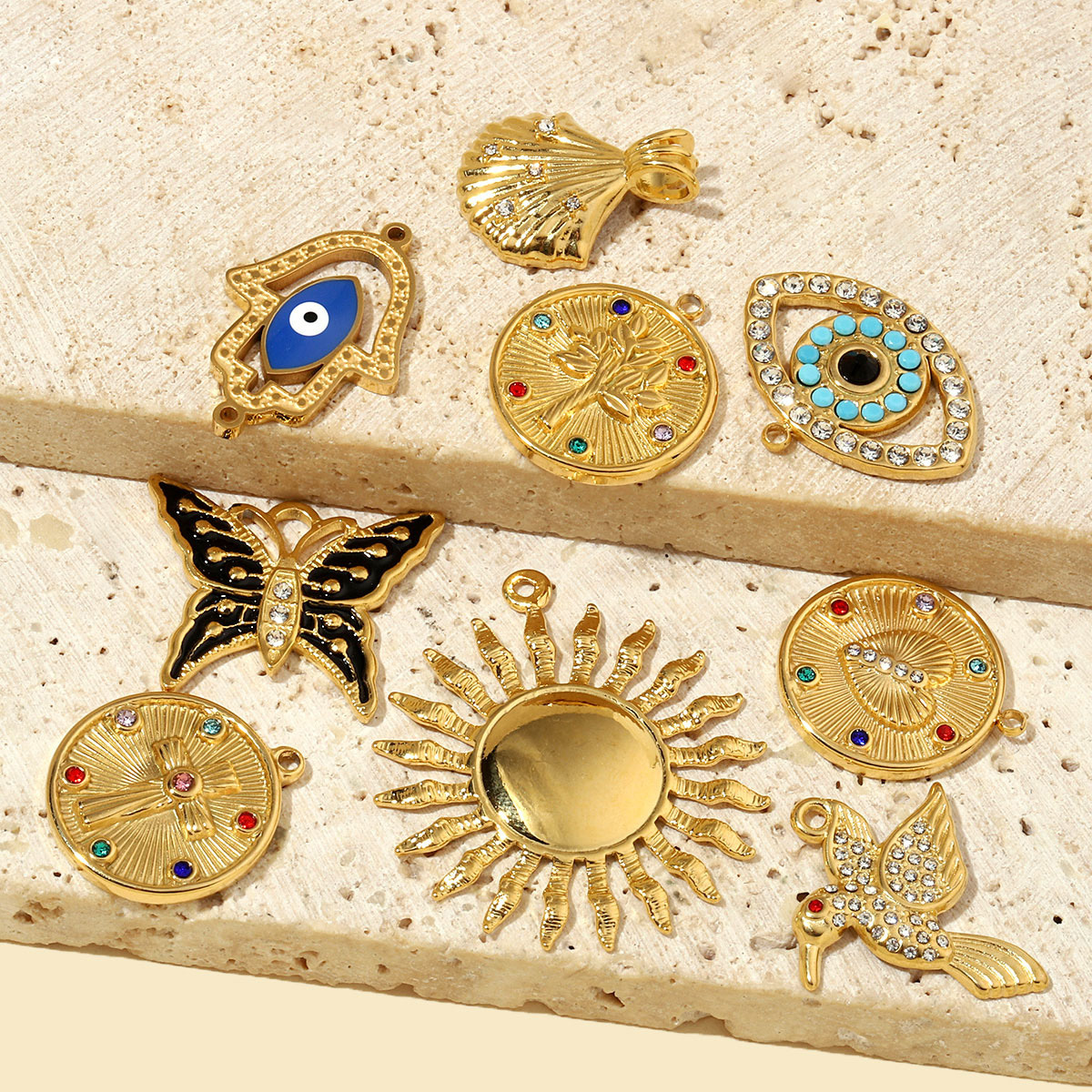 6pcs/pack French Antique Coin Cross Stainless Steel Diy Charms Women Stone Bird Butterfly Necklace Pendant Hand Bracelet Jewelry