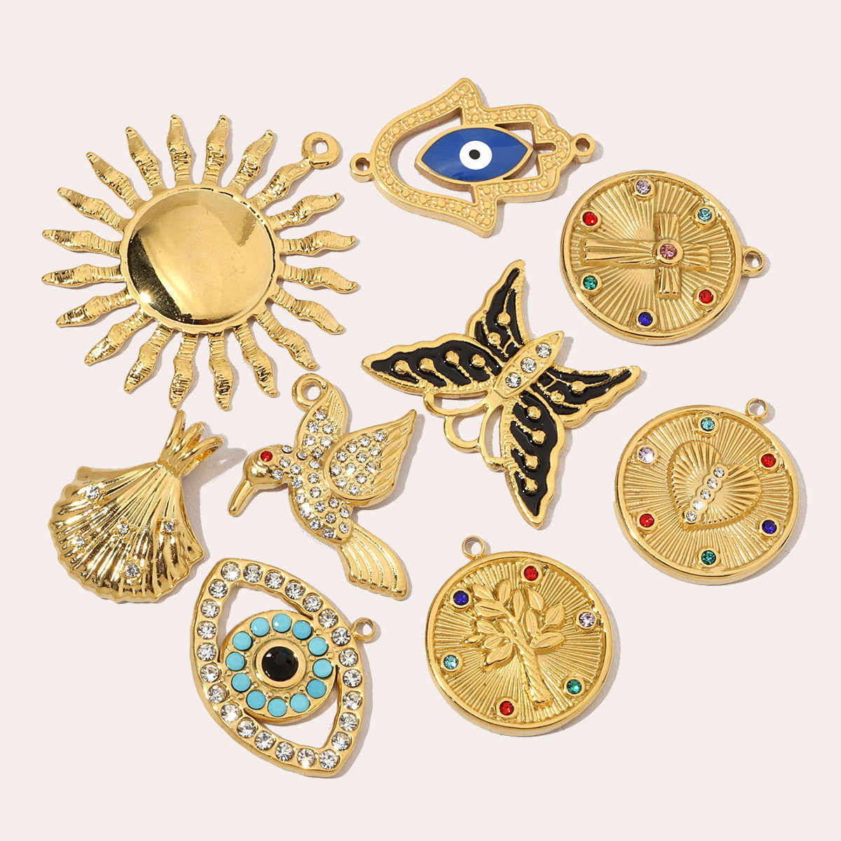 6pcs/pack French Antique Coin Cross Stainless Steel Diy Charms Women Stone Bird Butterfly Necklace Pendant Hand Bracelet Jewelry