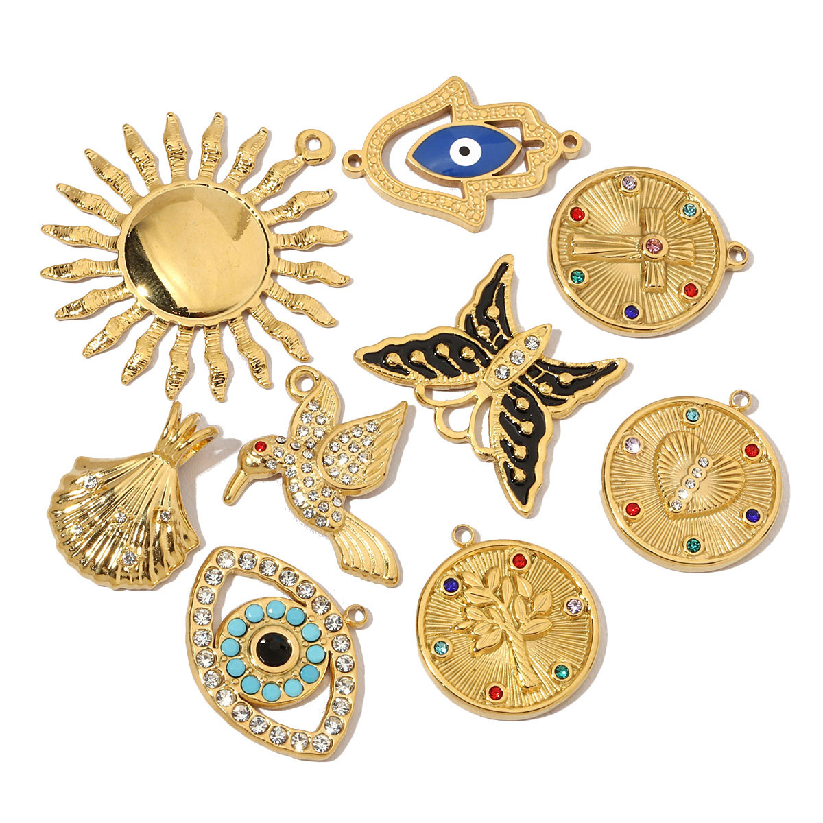 6pcs/pack French Antique Coin Cross Stainless Steel Diy Charms Women Stone Bird Butterfly Necklace Pendant Hand Bracelet Jewelry