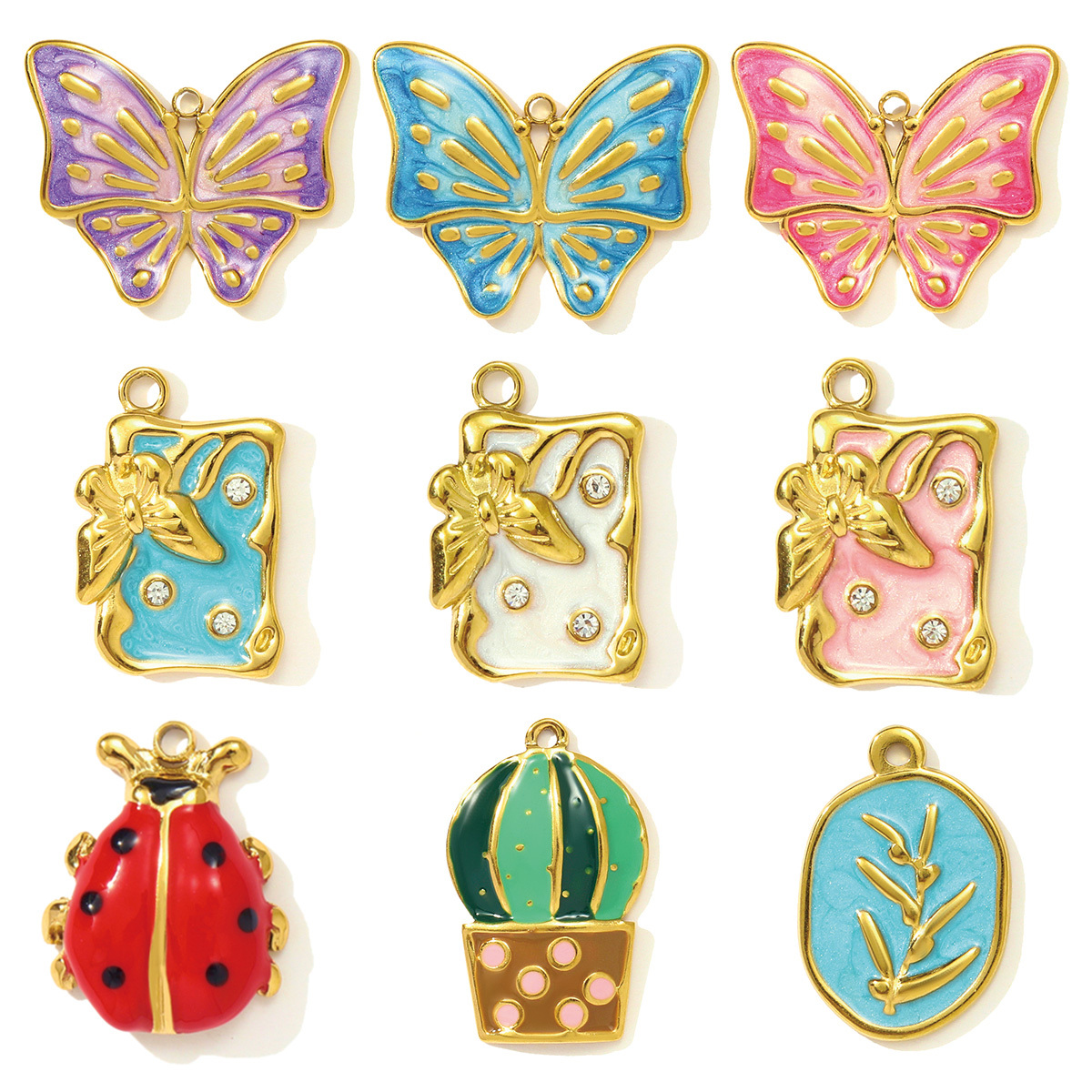 6pcs/pack Fashion Stainless Steel Enamel Butterfly DIY Charms Ladybird Cactus Necklace Pendants Woman Rhinestone Square Jewelry