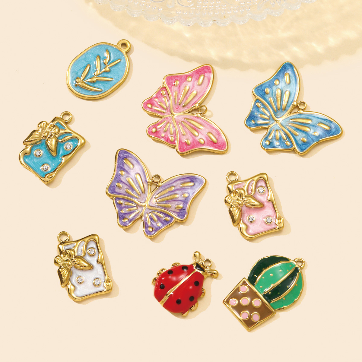6pcs/pack Fashion Stainless Steel Enamel Butterfly DIY Charms Ladybird Cactus Necklace Pendants Woman Rhinestone Square Jewelry