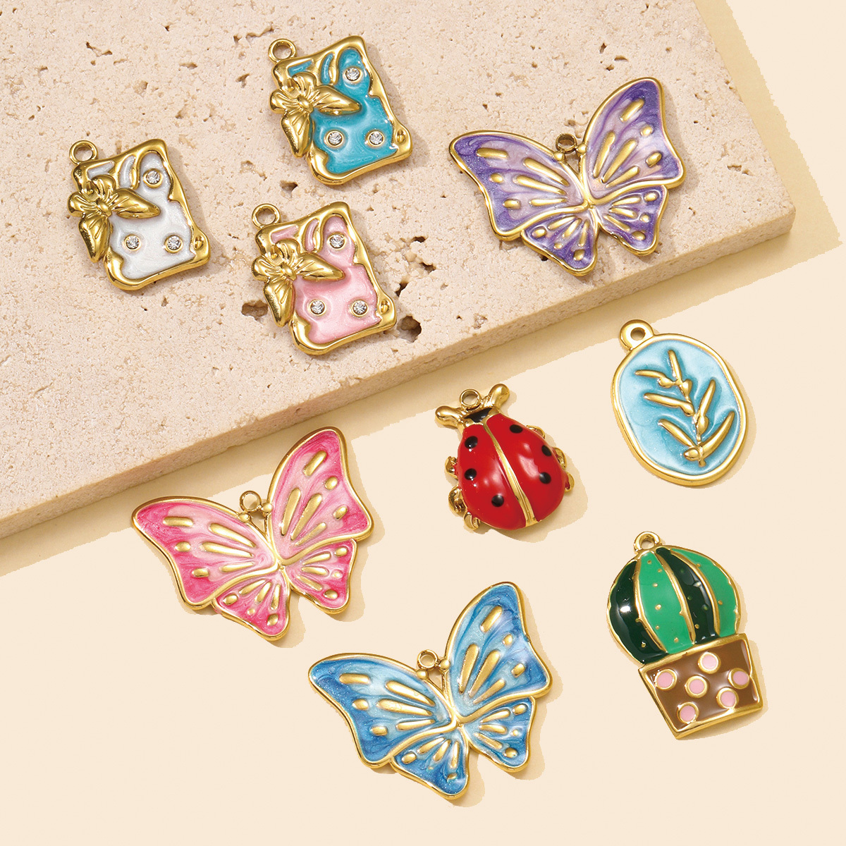 6pcs/pack Fashion Stainless Steel Enamel Butterfly DIY Charms Ladybird Cactus Necklace Pendants Woman Rhinestone Square Jewelry