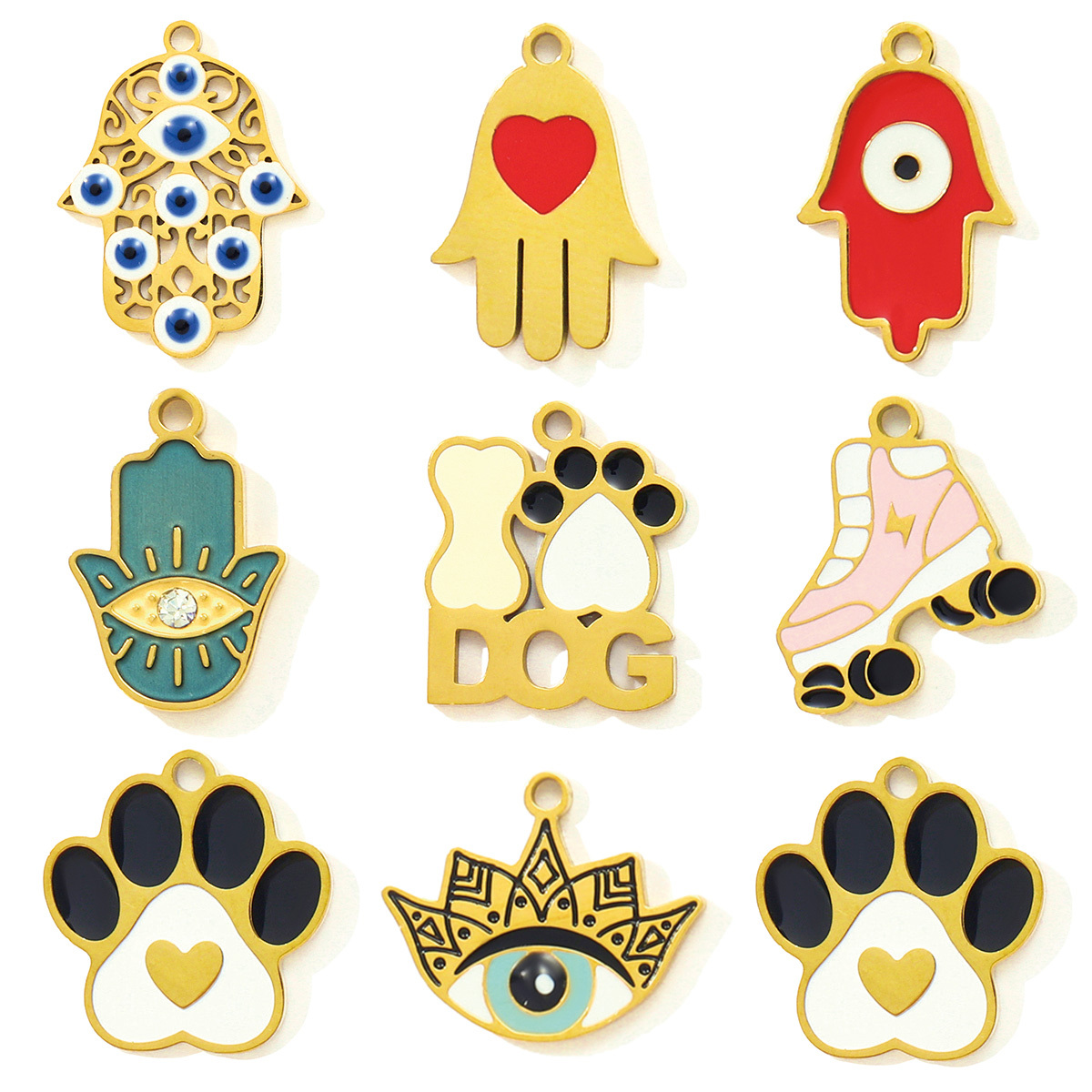 6pcs/pack Evil Eye Hamsa Hand Enamel DIY Bracelet Charms Dog Paw Necklace Pendants Stainless Steel Skate Shoes Jewelry