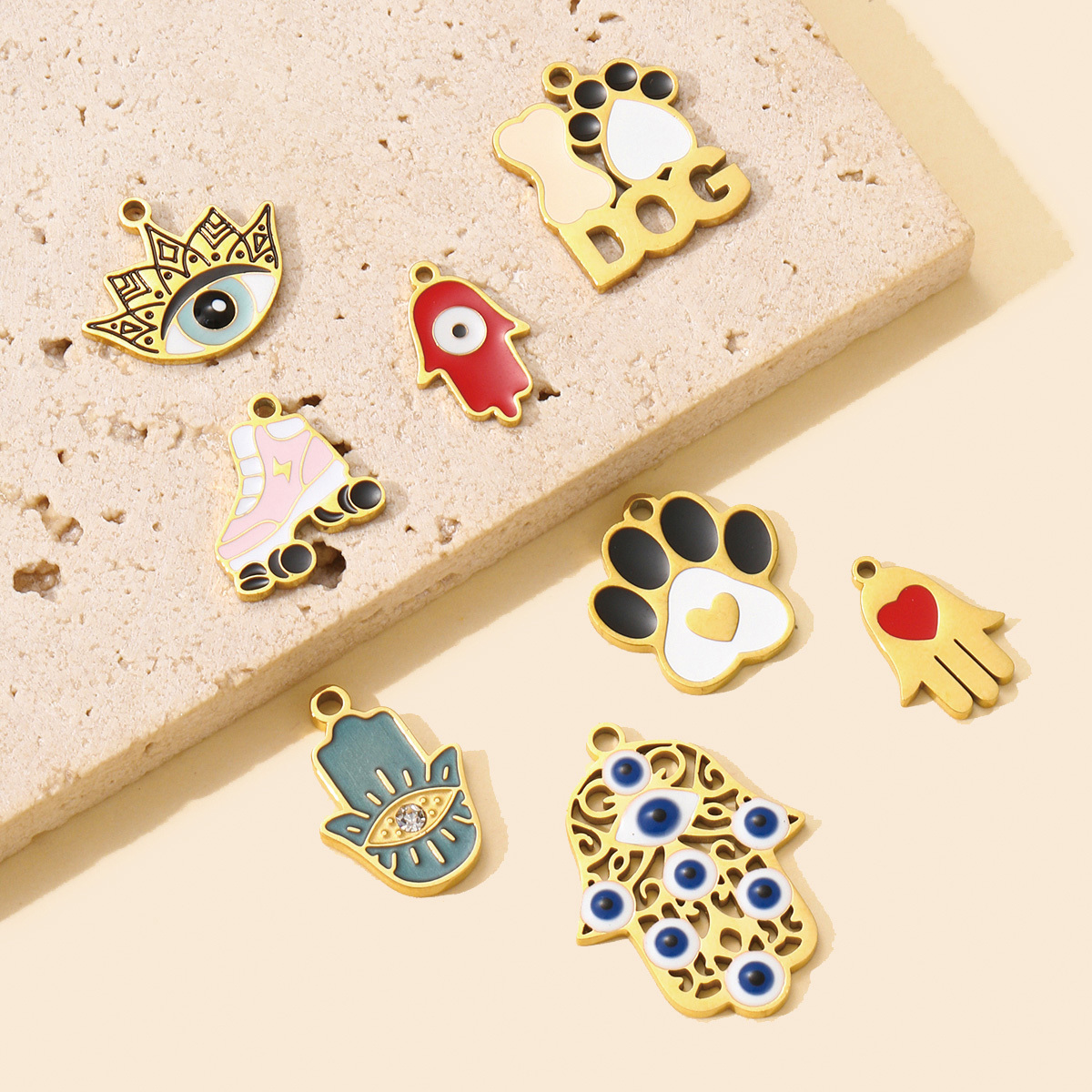6pcs/pack Evil Eye Hamsa Hand Enamel DIY Bracelet Charms Dog Paw Necklace Pendants Stainless Steel Skate Shoes Jewelry