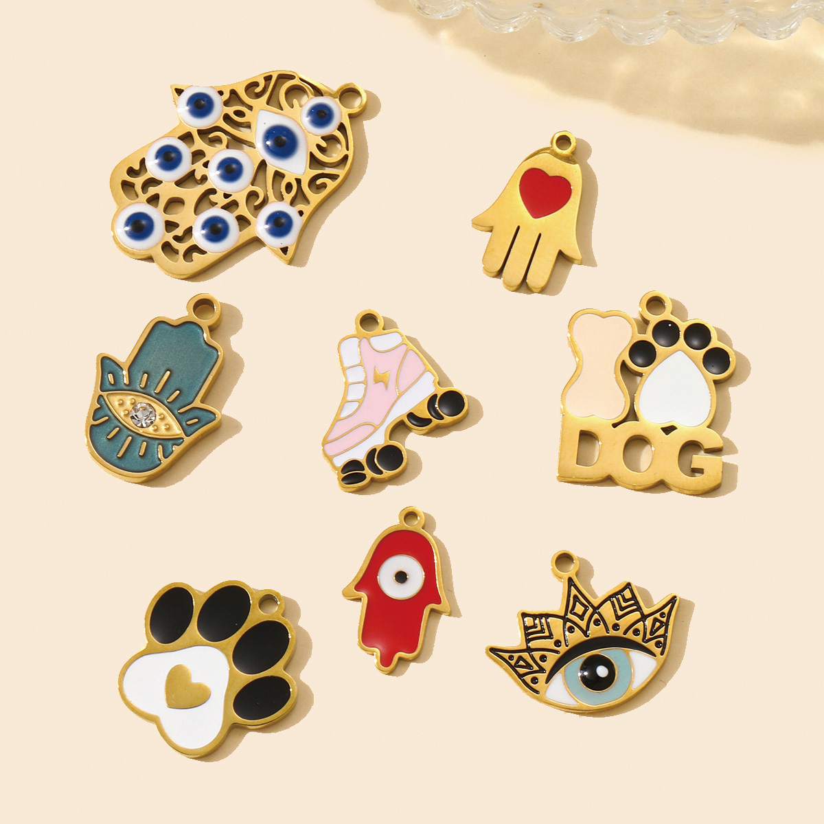 6pcs/pack Evil Eye Hamsa Hand Enamel DIY Bracelet Charms Dog Paw Necklace Pendants Stainless Steel Skate Shoes Jewelry