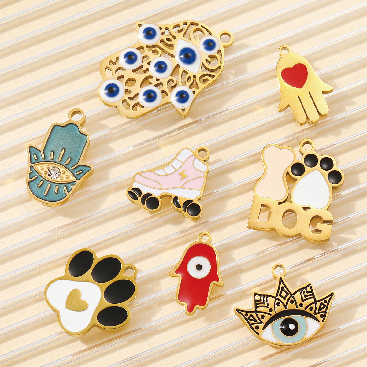 6pcs/pack Evil Eye Hamsa Hand Enamel DIY Bracelet Charms Dog Paw Necklace Pendants Stainless Steel Skate Shoes Jewelry