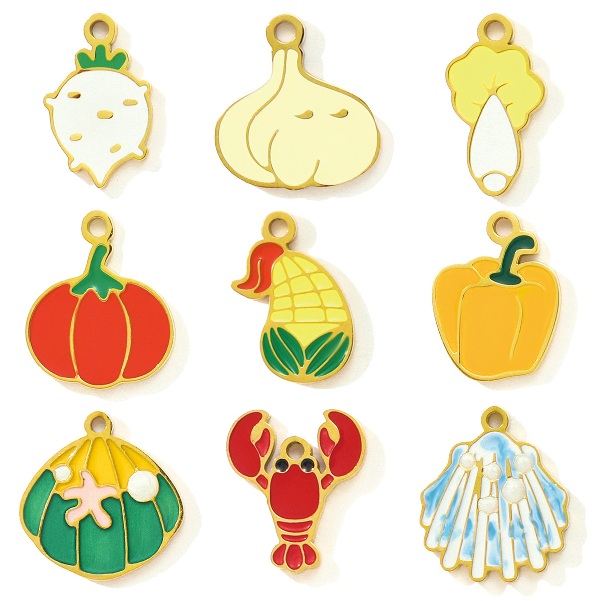 6pcs/pack Cute Enamel Pumpkin Garlic Pepper DIY Charms Stainless Steel Cabbage Corn Turnip Necklace Pendants Vegetable Jewelry