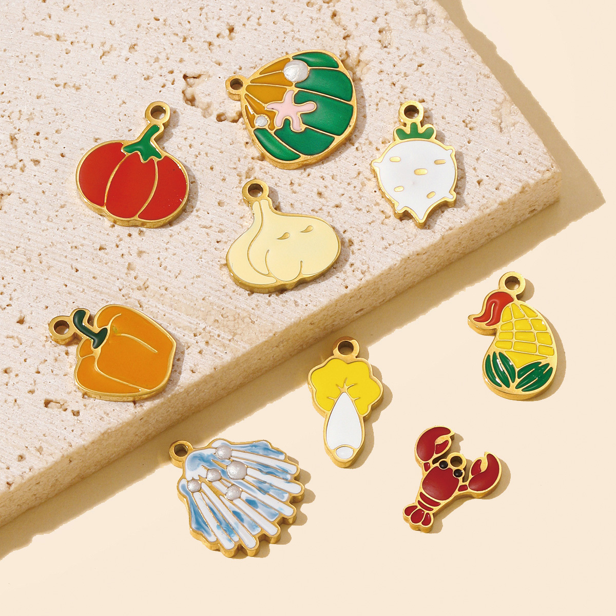 6pcs/pack Cute Enamel Pumpkin Garlic Pepper DIY Charms Stainless Steel Cabbage Corn Turnip Necklace Pendants Vegetable Jewelry