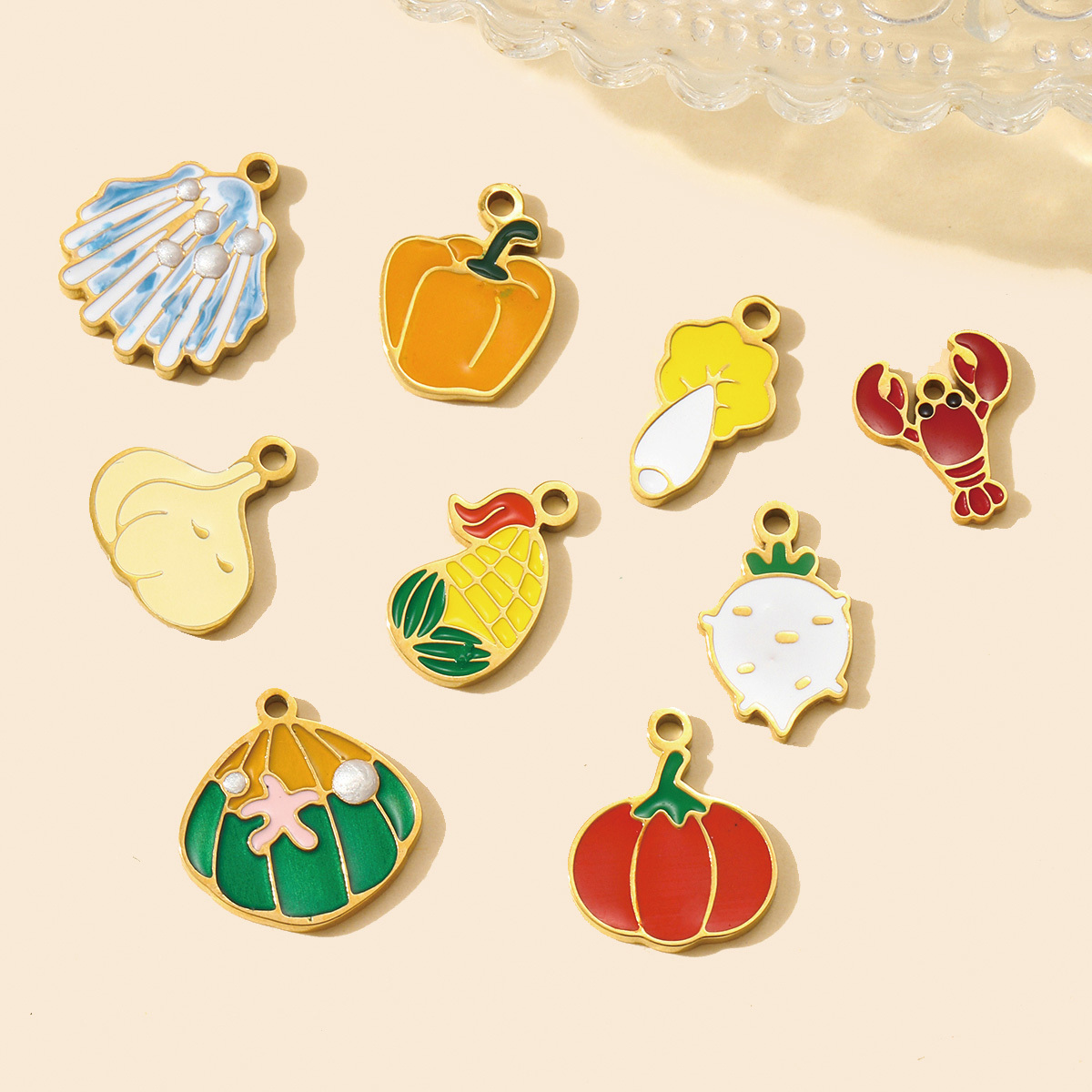 6pcs/pack Cute Enamel Pumpkin Garlic Pepper DIY Charms Stainless Steel Cabbage Corn Turnip Necklace Pendants Vegetable Jewelry