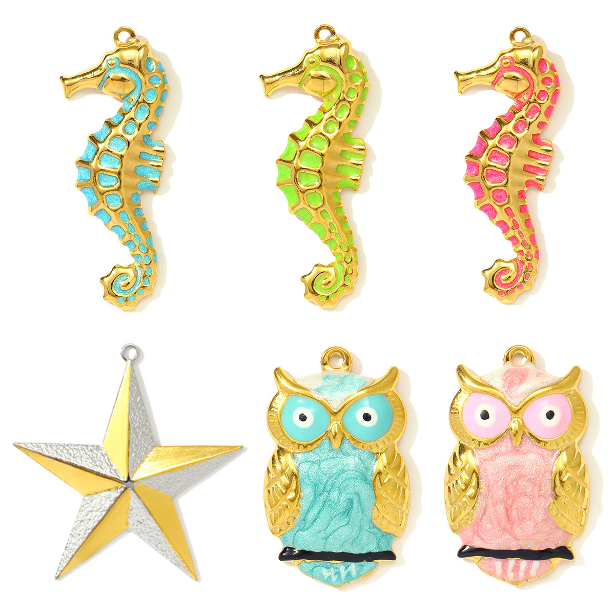 6pcs/pack Stainless Steel Star Enamel Owl DIY Earring Charms Painted Seahorse Necklace Pendants Woman Animal Jewelry Wholesale