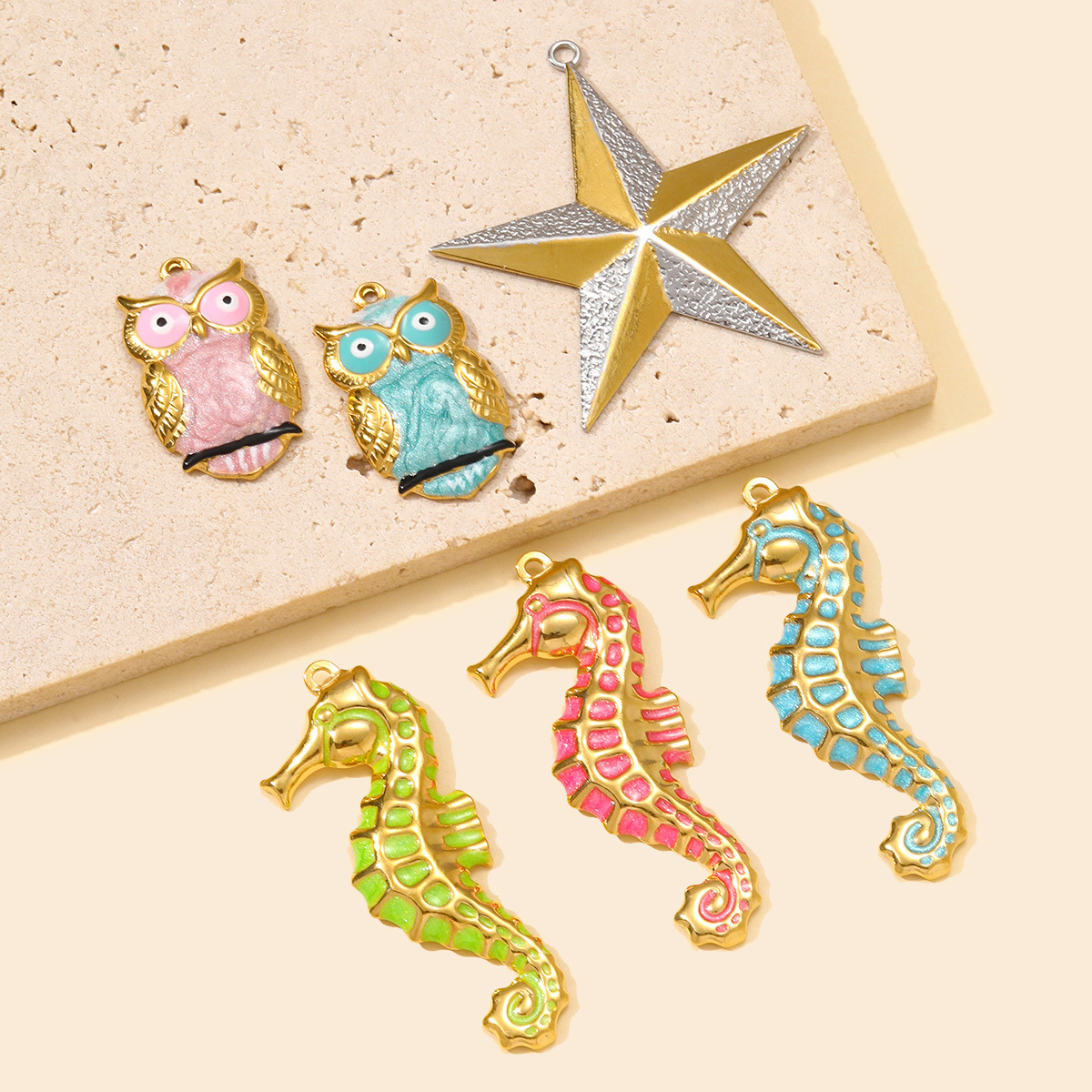 6pcs/pack Stainless Steel Star Enamel Owl DIY Earring Charms Painted Seahorse Necklace Pendants Woman Animal Jewelry Wholesale