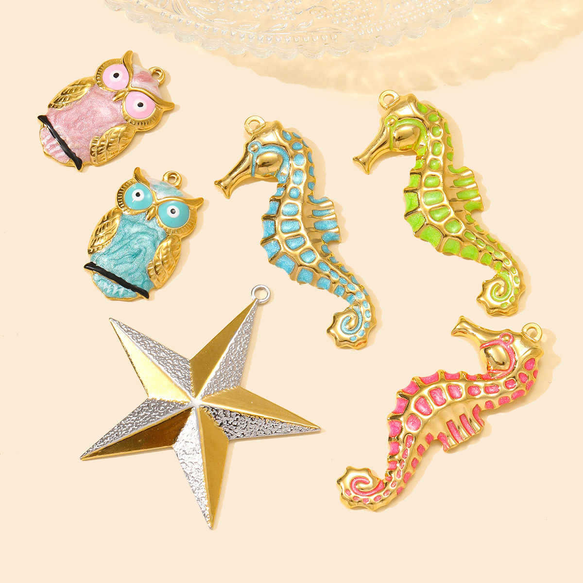 6pcs/pack Stainless Steel Star Enamel Owl DIY Earring Charms Painted Seahorse Necklace Pendants Woman Animal Jewelry Wholesale