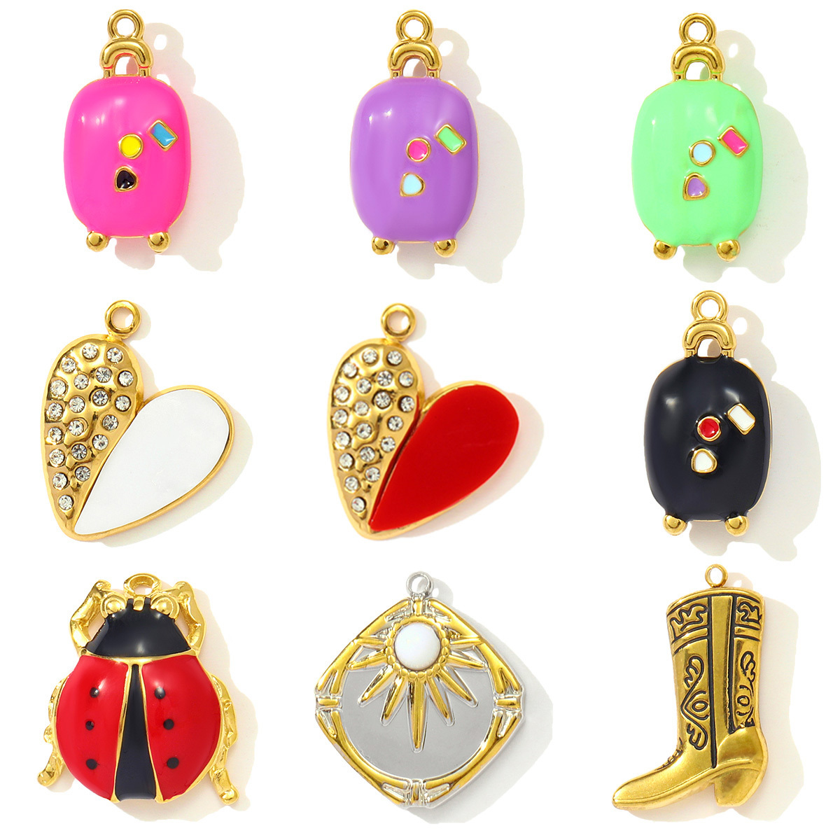 6pcs/pack Stainless Steel Natural Stone Sun Ladybird DIY Charms Luggage Necklace Pendants Woman Boot Heart Jewelry Wholesale