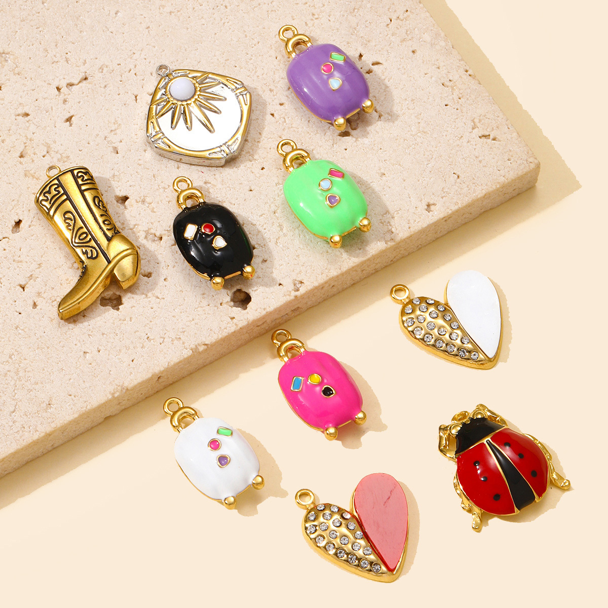 6pcs/pack Stainless Steel Natural Stone Sun Ladybird DIY Charms Luggage Necklace Pendants Woman Boot Heart Jewelry Wholesale