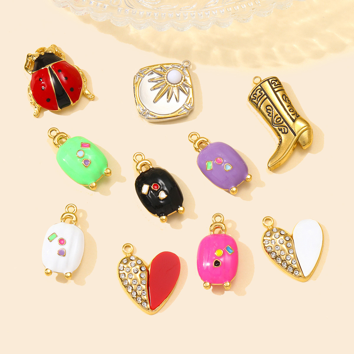 6pcs/pack Stainless Steel Natural Stone Sun Ladybird DIY Charms Luggage Necklace Pendants Woman Boot Heart Jewelry Wholesale