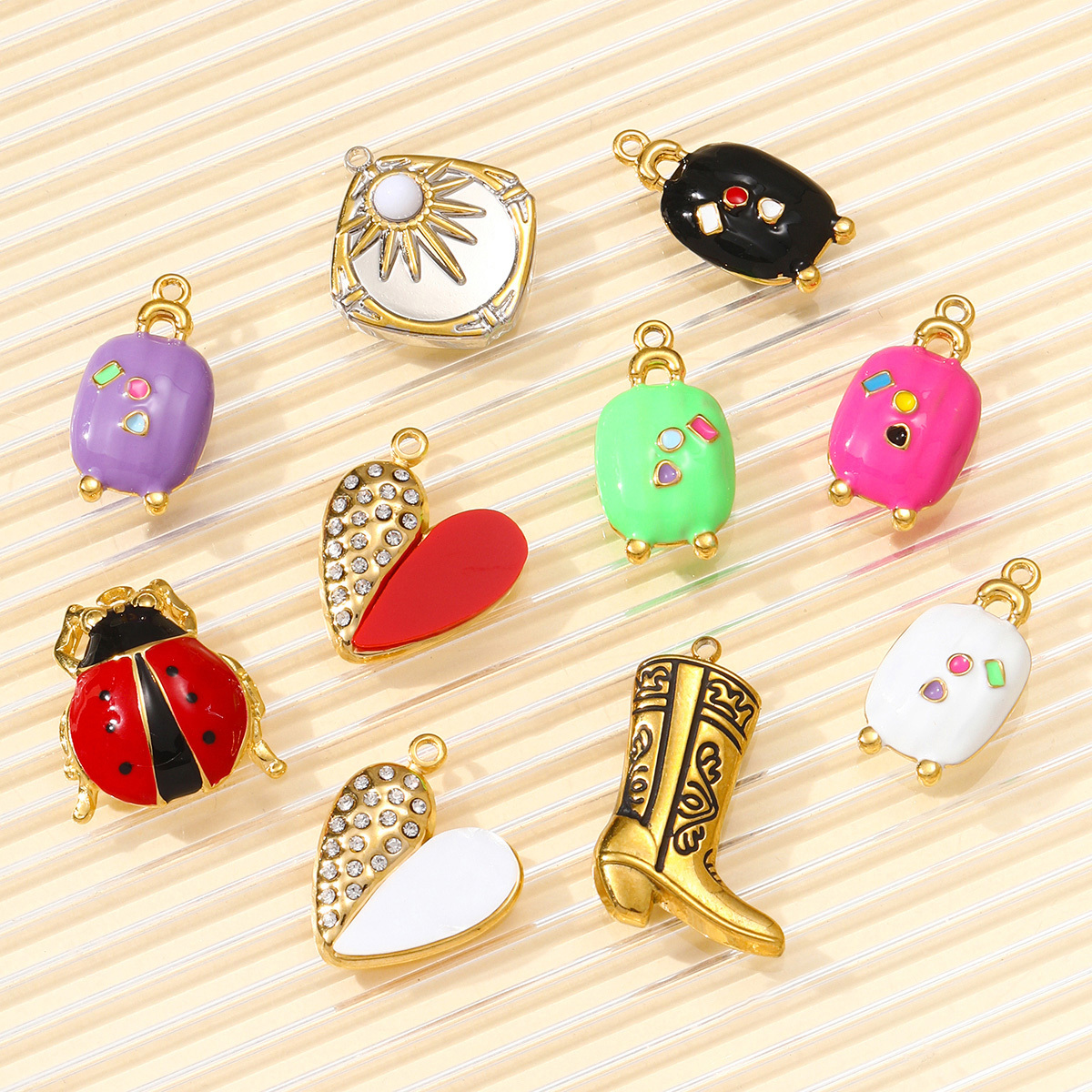6pcs/pack Stainless Steel Natural Stone Sun Ladybird DIY Charms Luggage Necklace Pendants Woman Boot Heart Jewelry Wholesale