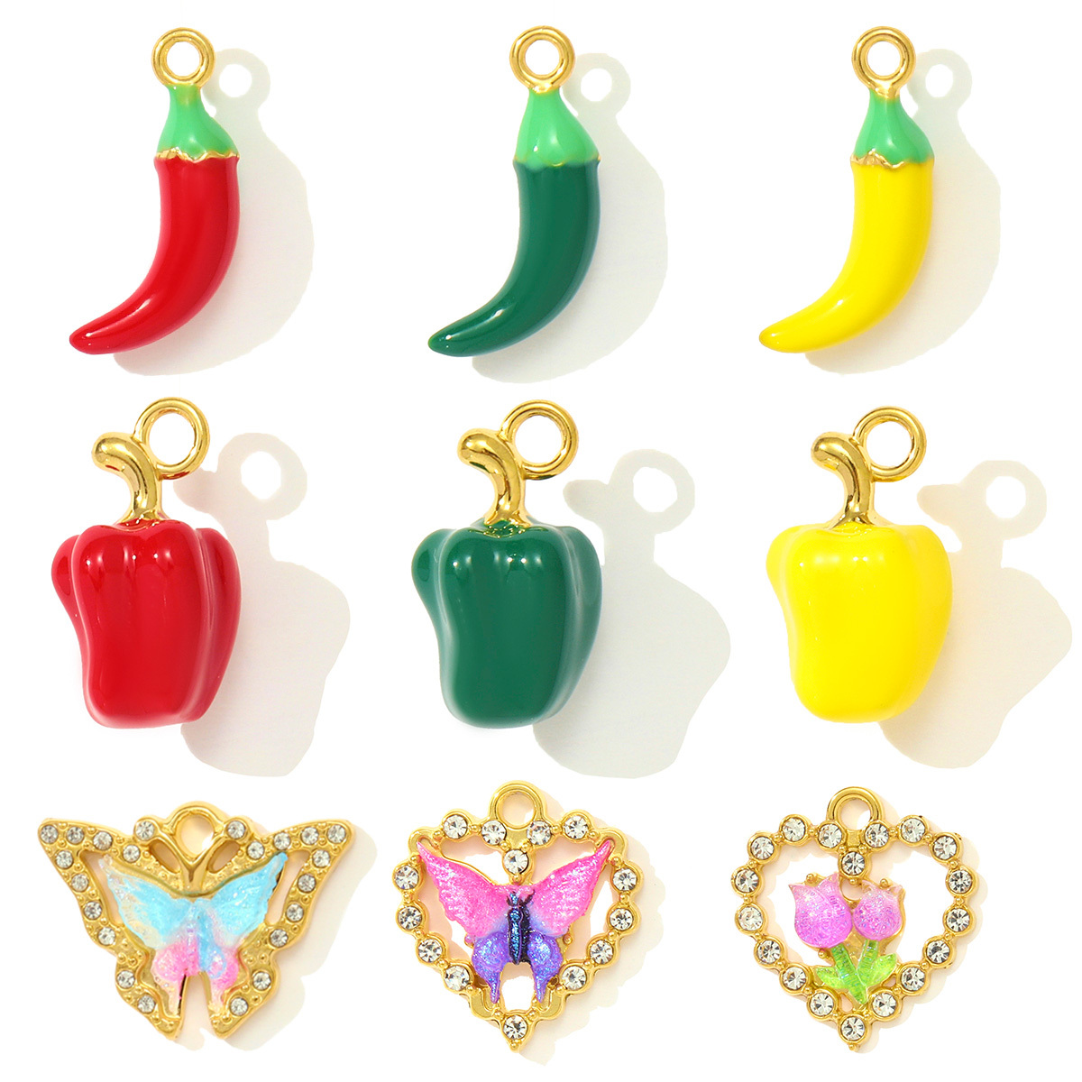 6pcs/pack Stainless Steel Rhinestone Butterfly Heart DIY Charms Bell Pepper Chilli Necklace Pendants Woman Tulip Jewelry Wholesale