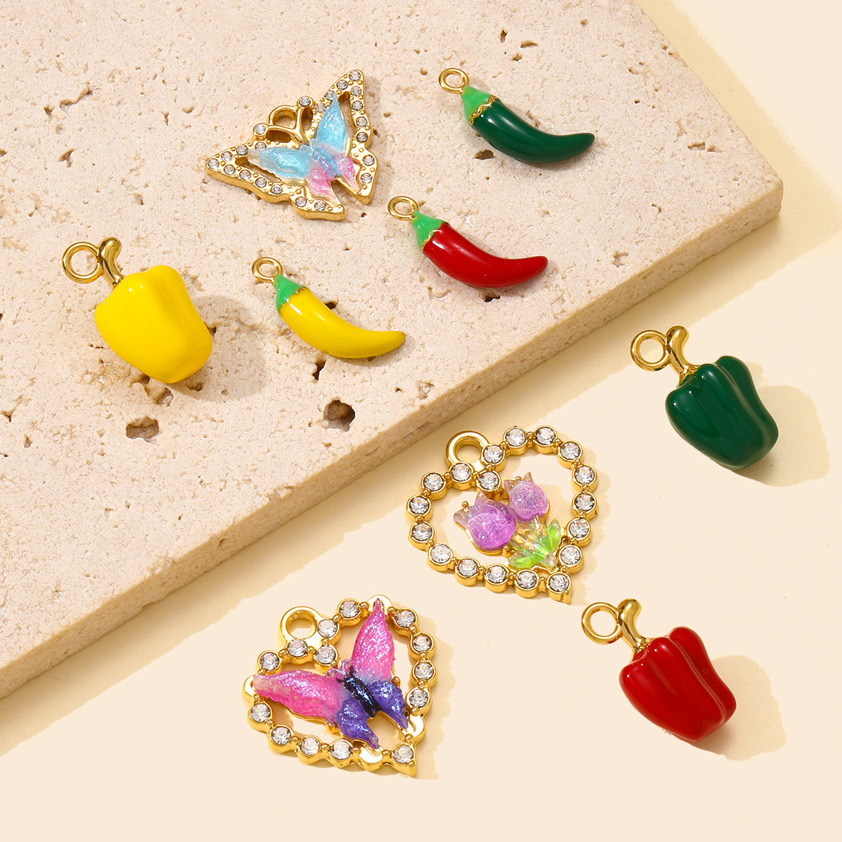 6pcs/pack Stainless Steel Rhinestone Butterfly Heart DIY Charms Bell Pepper Chilli Necklace Pendants Woman Tulip Jewelry Wholesale