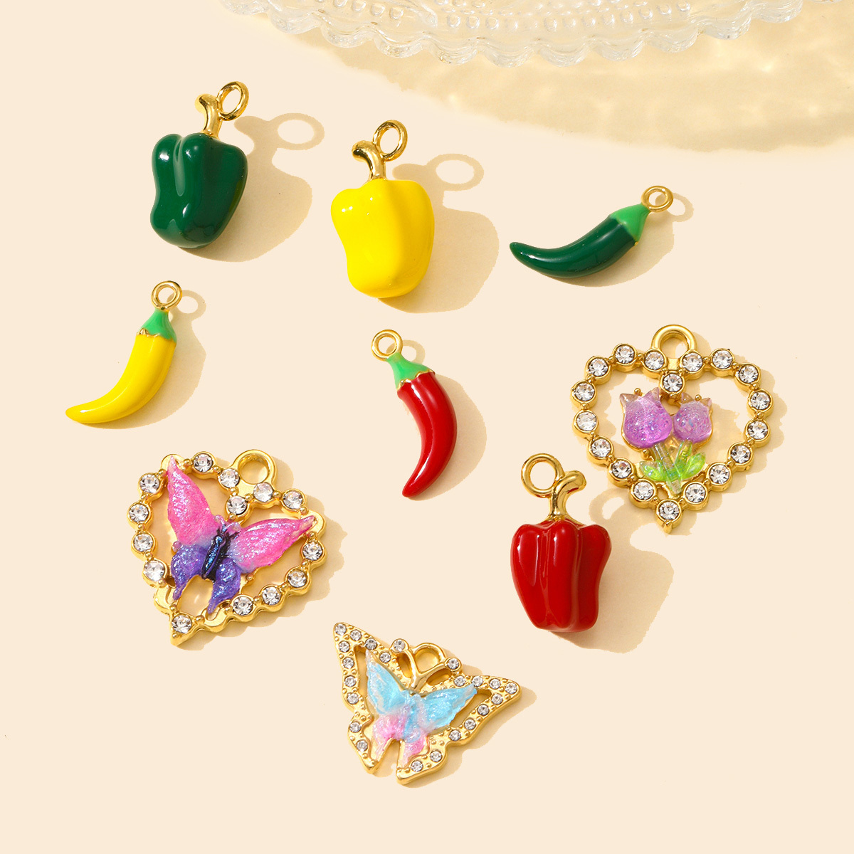 6pcs/pack Stainless Steel Rhinestone Butterfly Heart DIY Charms Bell Pepper Chilli Necklace Pendants Woman Tulip Jewelry Wholesale