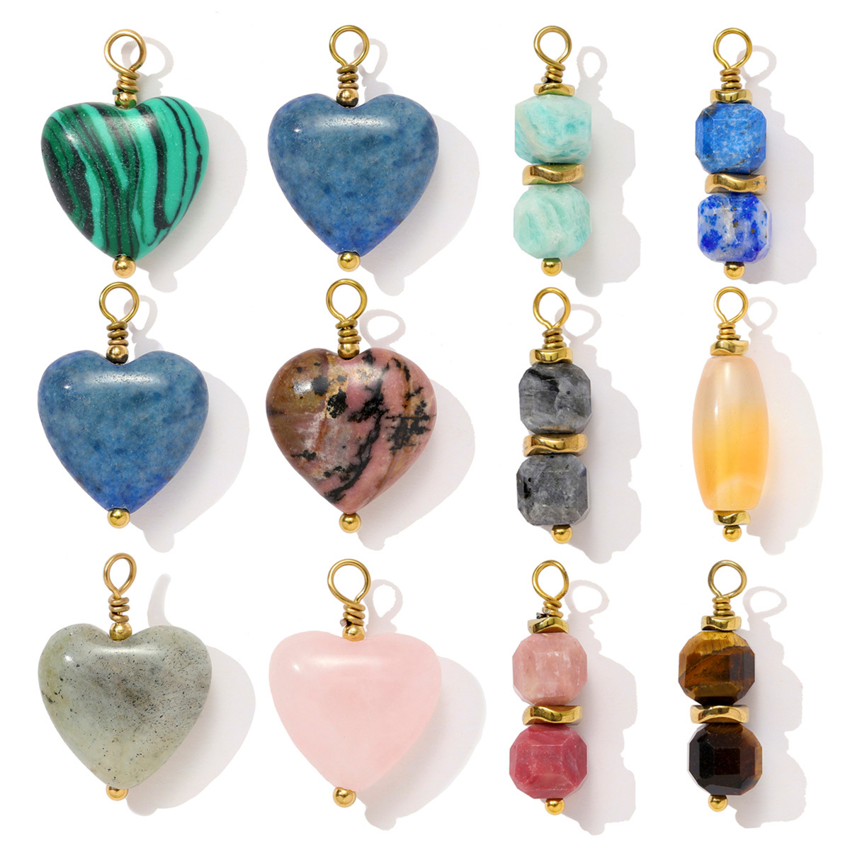 6pcs/pack Retro Stainless Steel Natural Stone Necklace Pendants Powder Crystal Heart Earring DIY Charms Making Women Jewelry